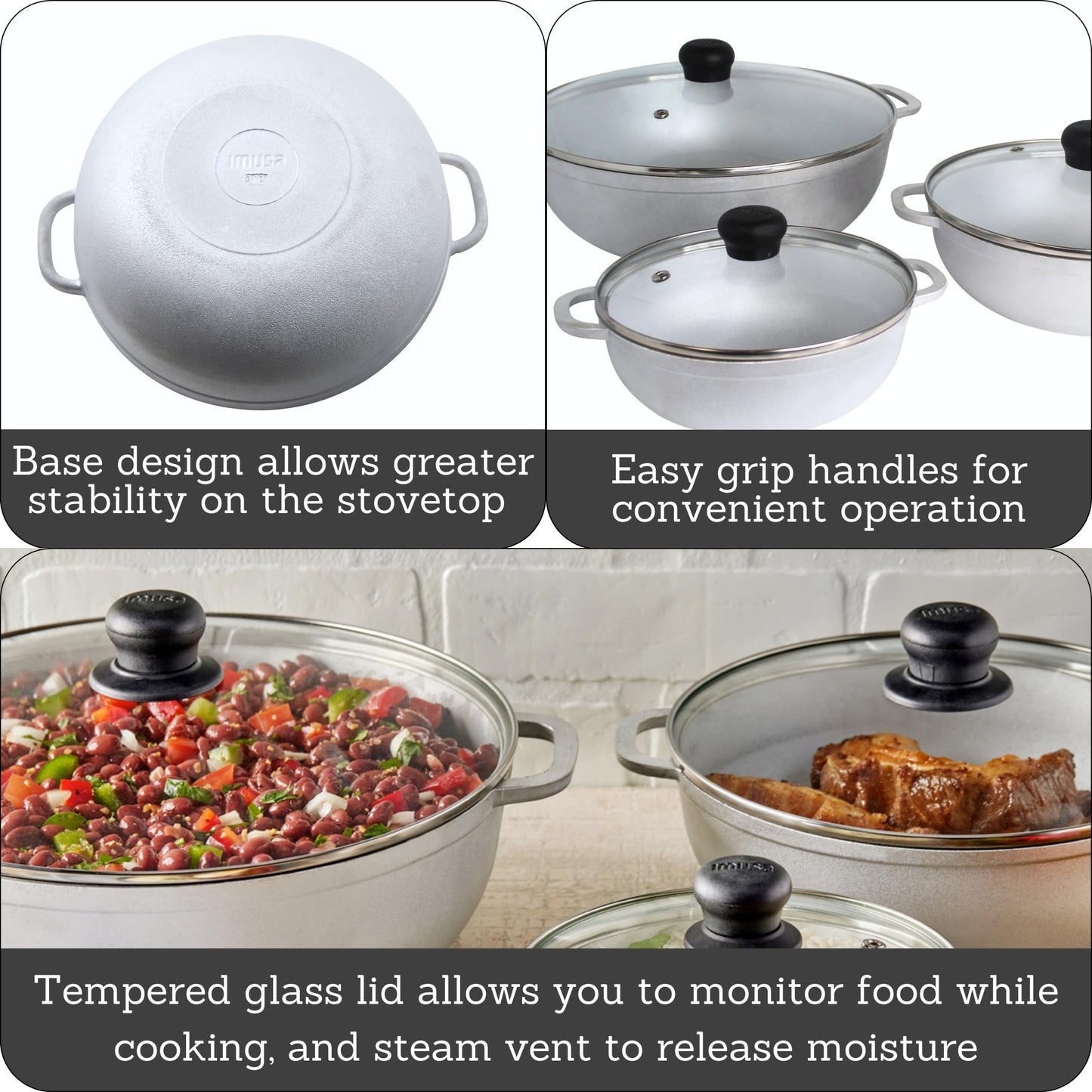IMUSA Caldero Stock Pot with Glass Lid 3pc Set, 1.5/2.5/5.2qt, Cast Aluminum, Perfect for Serving Medium & Small Groups, Riveted Handles, Made in Colombia, Silver.