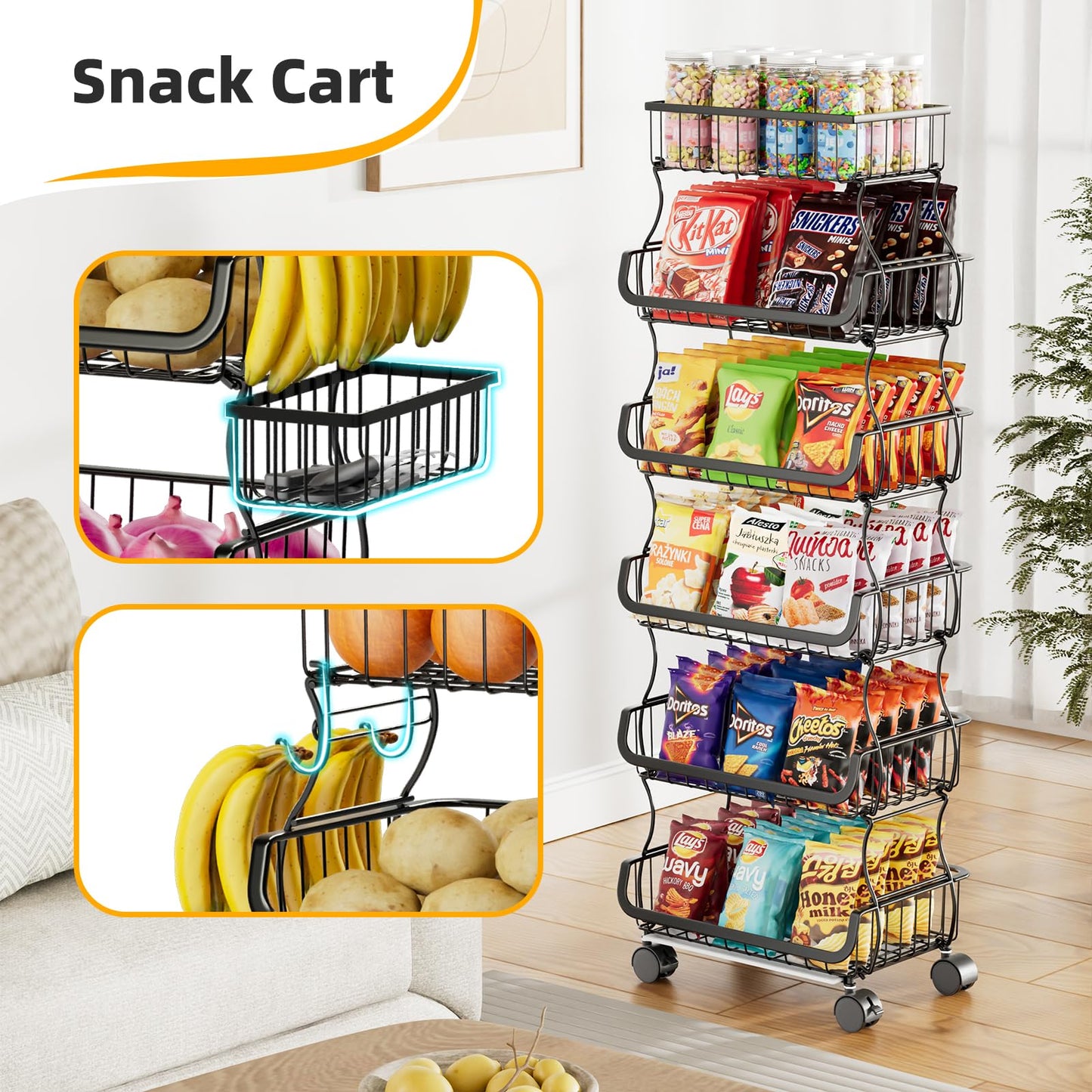 Simple Trending 6 Tier Rolling Cart, Stackable Fruit Vegetable Basket with Wheels and 2 Hanging Basket, Kitchen Storage Metal Wire Basket Stand for Vegetable Bread Snacks, Black