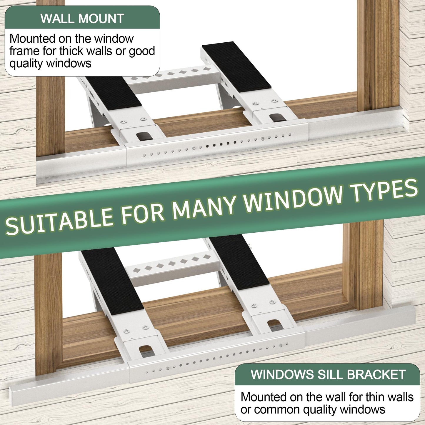 No-Drill Window AC Bracket, Upgraded Heavy-Duty Adjustable Air Conditioner Support Bracket, Fits Single/Double Hung Windows, Supports Up to 300 lbs, Easy Installation & Removal, White