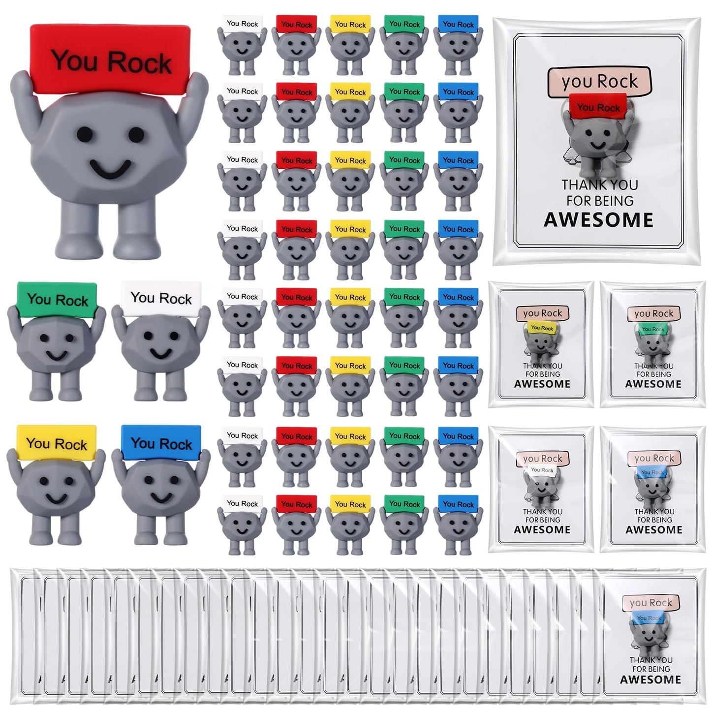 Gejoy 50 Set Mini Rock Figurines Gifts Miniature Positive Party Favors Emotional Support Mini Rubber Toys with Inspirational Card Bag Small Animal Statue for Colleague Staff Coworker Gifts
