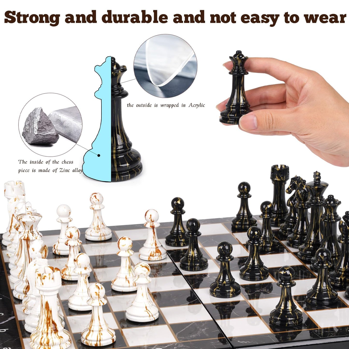 15" Large Chess Set for Adults with Weighted Acrylic Chess Pieces 3.5" King & Portable Folding Marbling Wooden Chess Board Travel Chess Sets Family Board Game Gift – Elegant Classic Chess Game