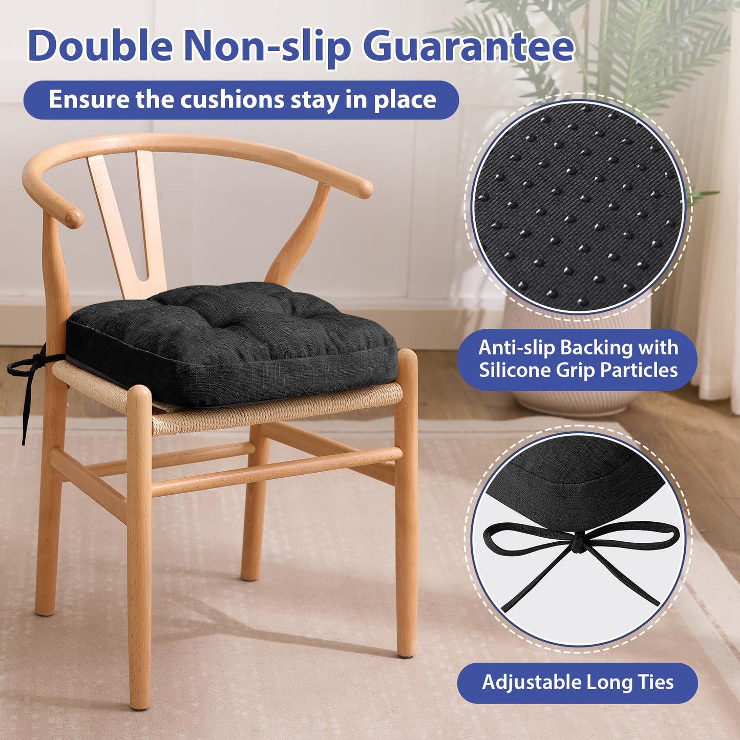 IASEAHK Chair Cushions, Foam Dining Chair Cushions, Tufted Indoor Chair Pads,16.5” x 16.5” x 3.5”, Set of 4, Black