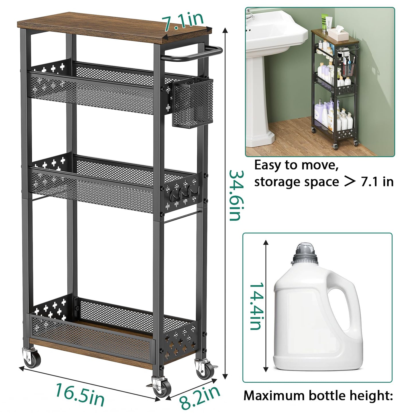 XYZLVSI Slim Storage Cart 4 Tier Laundry Cart with Wheels, Narrow Metal Kitchen Rolling Carts Bathroom Organizers Storage Shelf with Wood Rack and Handle for Small Space