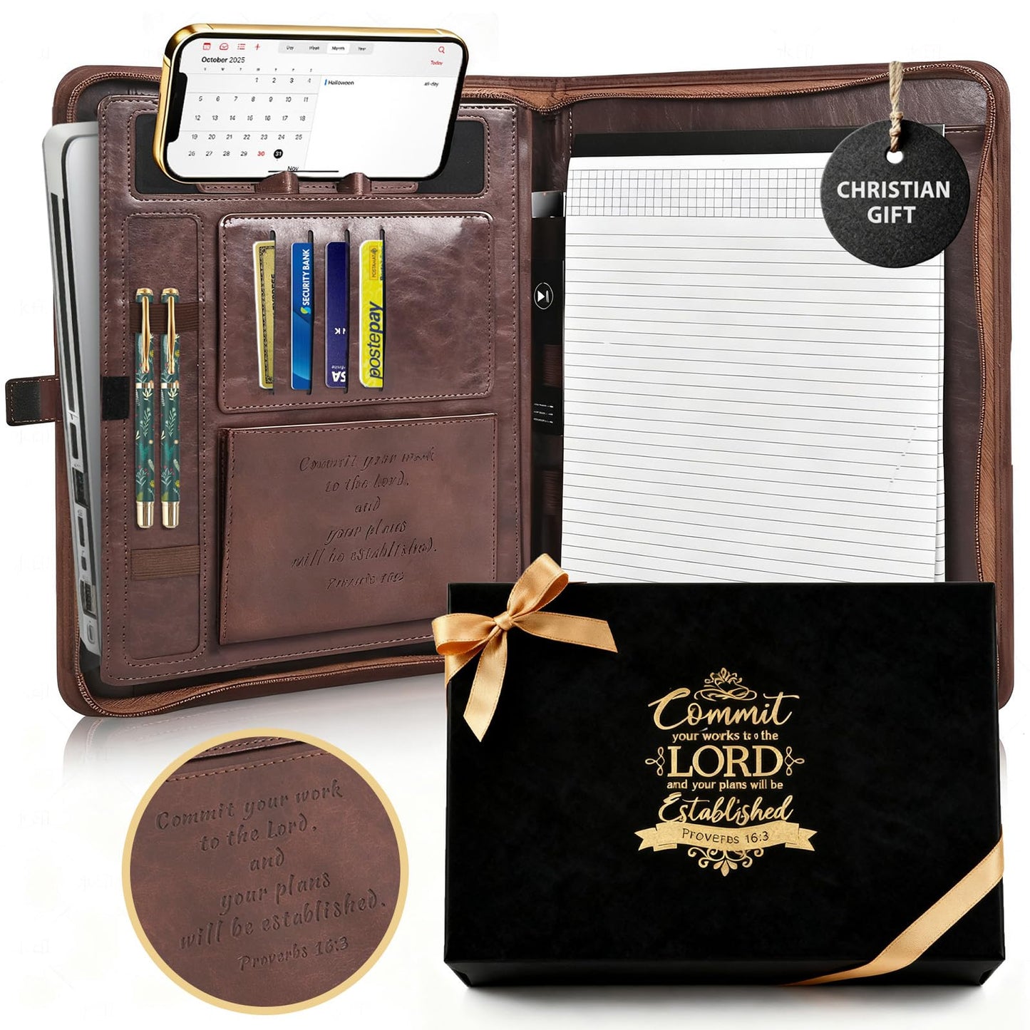 Leather Portfolio for Men and Women – Business Binder Portfolio, Professional Organizer for Men and Women, Christian Gifts, Laptop & iPad Case, Bible Notepad Holder (Brown)