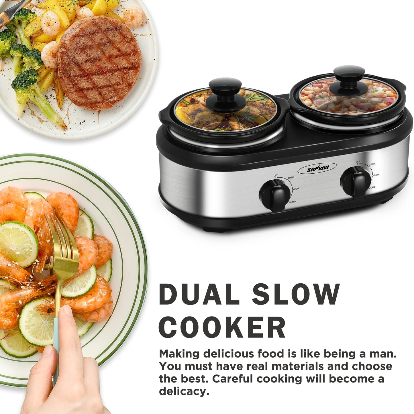 Sunvivi Dual Slow Cooker, Buffet Server and Food Warmer, Small Mini Pot with 3 Adjustable Temp & 2 Visible Glass Lids, for Parties, Holidays and Entertaining, Stainless Steel, 2 * 1.25 Quarts