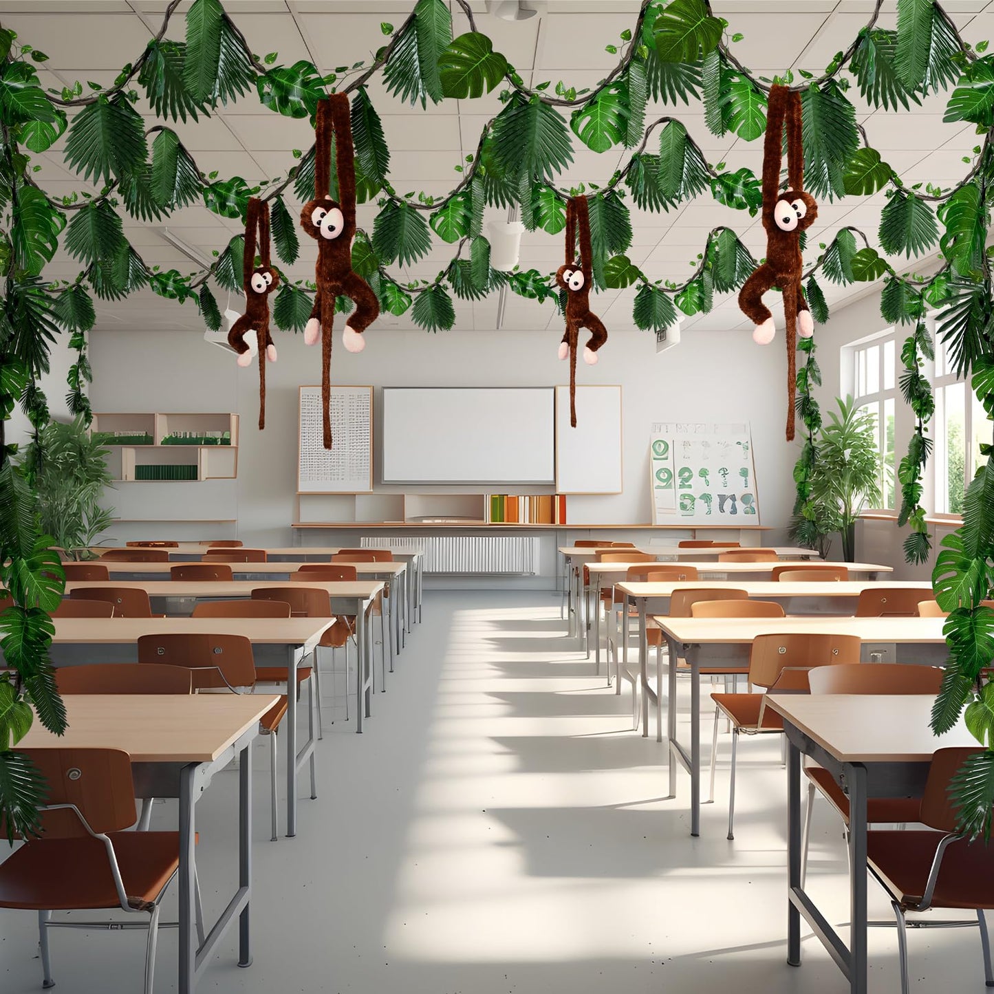 Suncalla 90 Pcs Jungle Theme Decoration Tropical Rainforest Safari Party Decor 4 Hanging Monkey Stuffed 14.4 ft Pothos Vines 20ft Artificial Rattan 60 Palm Leaf Set for Birthday Classroom Party (20ft)