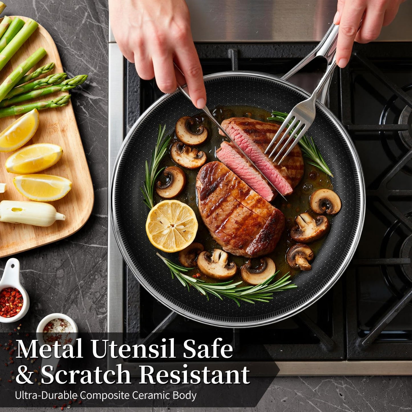 CADIVIZZO Non Stick Frying Pan 11 Inch,Stainless Steel Ceramic Skillet,Nonstick Cooking Pan,PFAS PFOA PTFE Free&Non Toxic,Induction Compatible-Gas&Electric Stovetops,Oven&Dishwasher Safe, Chef's Pan