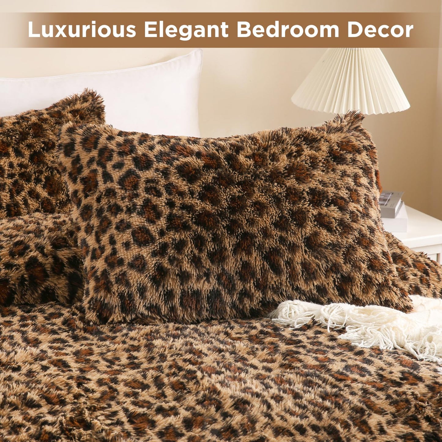 Melo10PM Cheetah Print Fluffy Faux Fur Comforter Set Full Size, 3 Pieces Brown Leopard Plush Shaggy Fuzzy Bedding Set, Ultra Soft Luxury Furry Boho Animal Print All Season Comforter for Women Girls