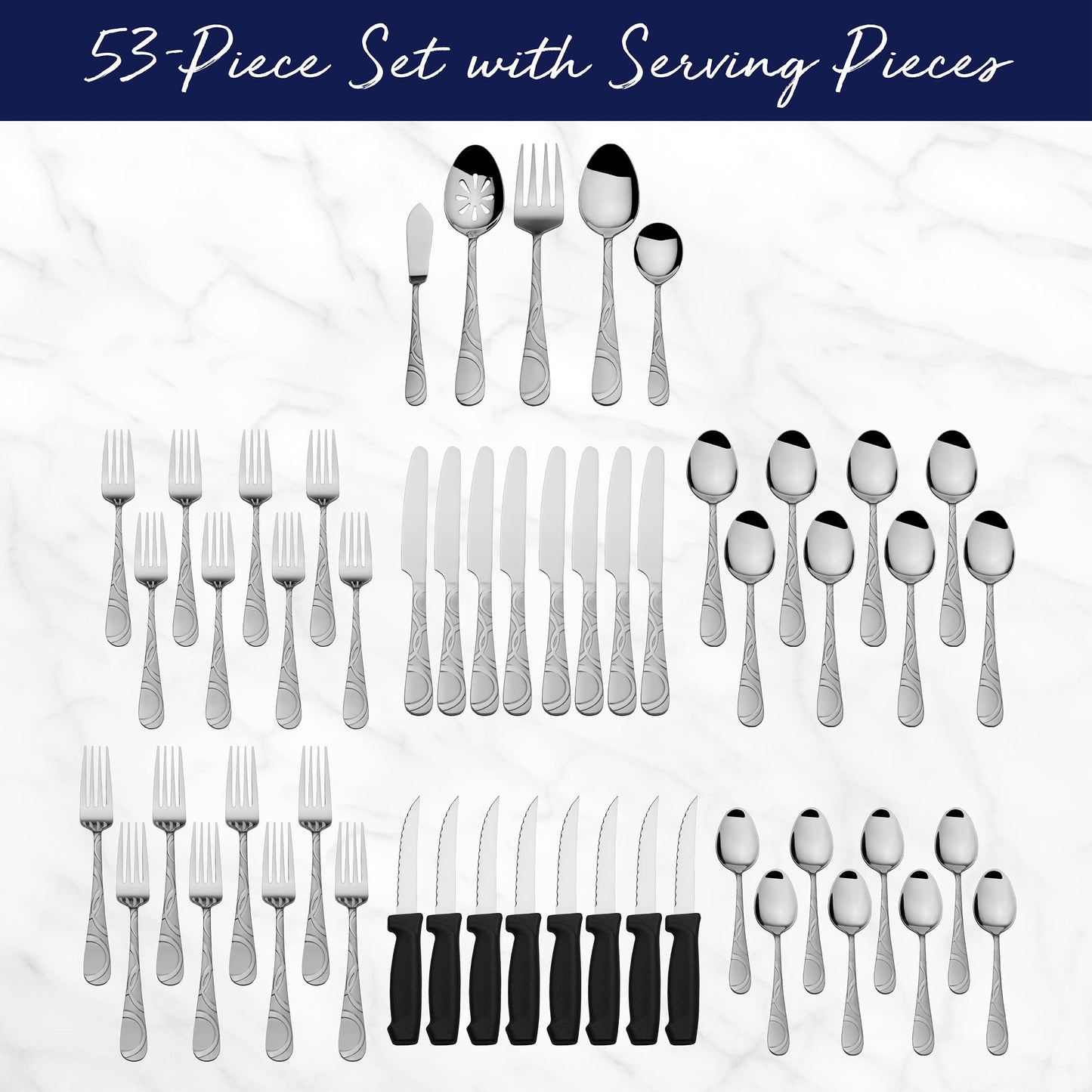 Pfaltzgraff Garland Frost Silverware Set 53-Piece, 18/0 Stainless Steel Flatware Set Service for 8 with Hostess Serving Utensils, Dishwasher Safe Cutlery Set