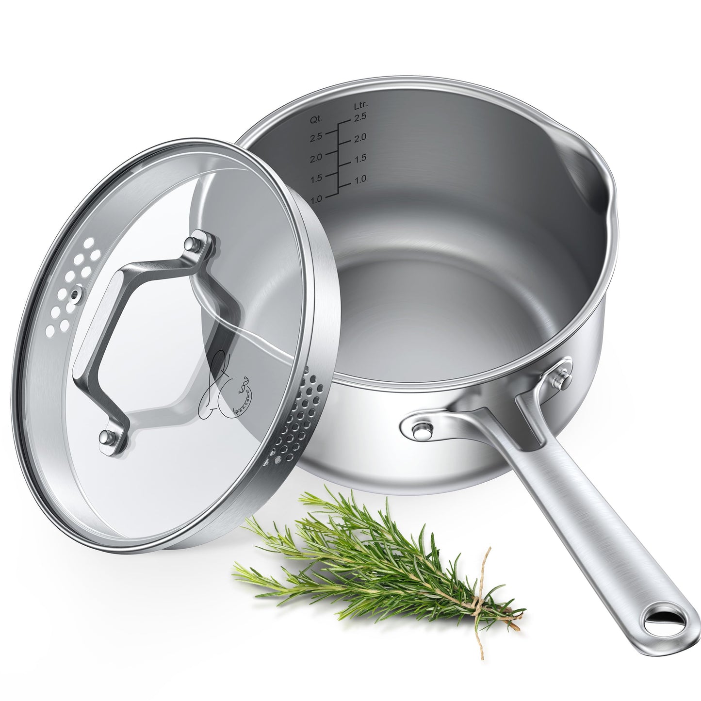 PekGema Stainless Steel Saucepan 3 Quart with Glass Strainer Lid, Tri-Ply Construction, Dual Pour Spouts, Measurement Marks, Stay-Cool Handle, Dishwasher & Oven Safe, All Cooktops Compatible