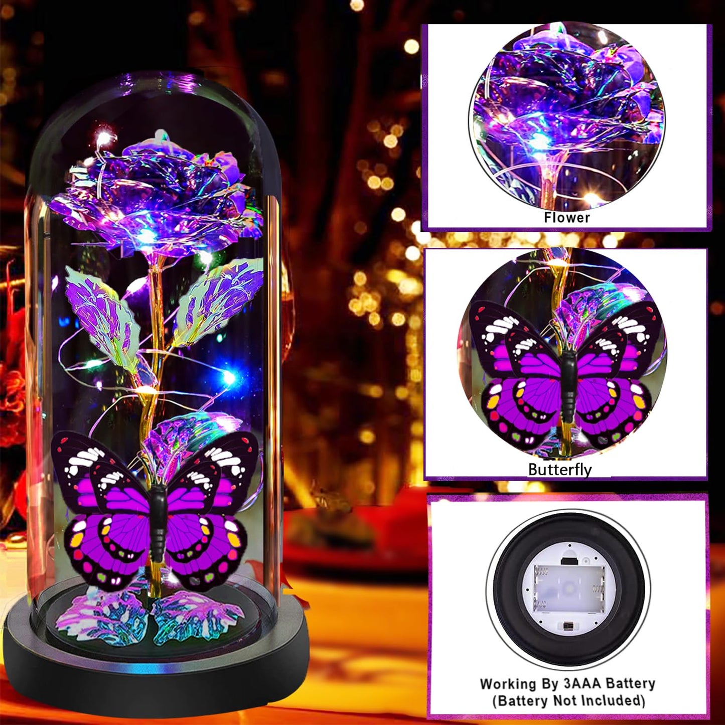 Fvawe Gifts for Women, Rose Glass Flowers Birthday Gifts for Women, Galaxy Crystal Light Up Rose Flowers in A Glass Dome with Butterfly, Mom Sister Wife Daughter Grandma Her Presents Purple