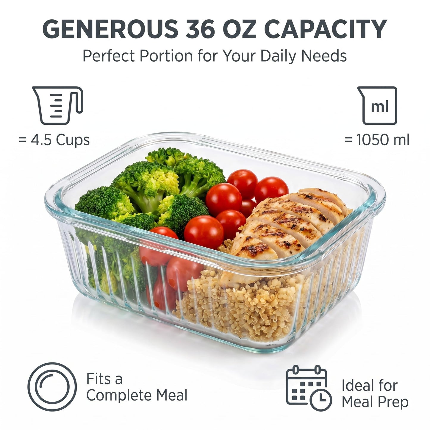 WOVOW 5-Packs, 36 Oz Glass Meal Prep Containers with Snap Locking Lids Glass Food Containers,Airtight Lunch Container,Microwave, Oven, Freezer and Dishwasher