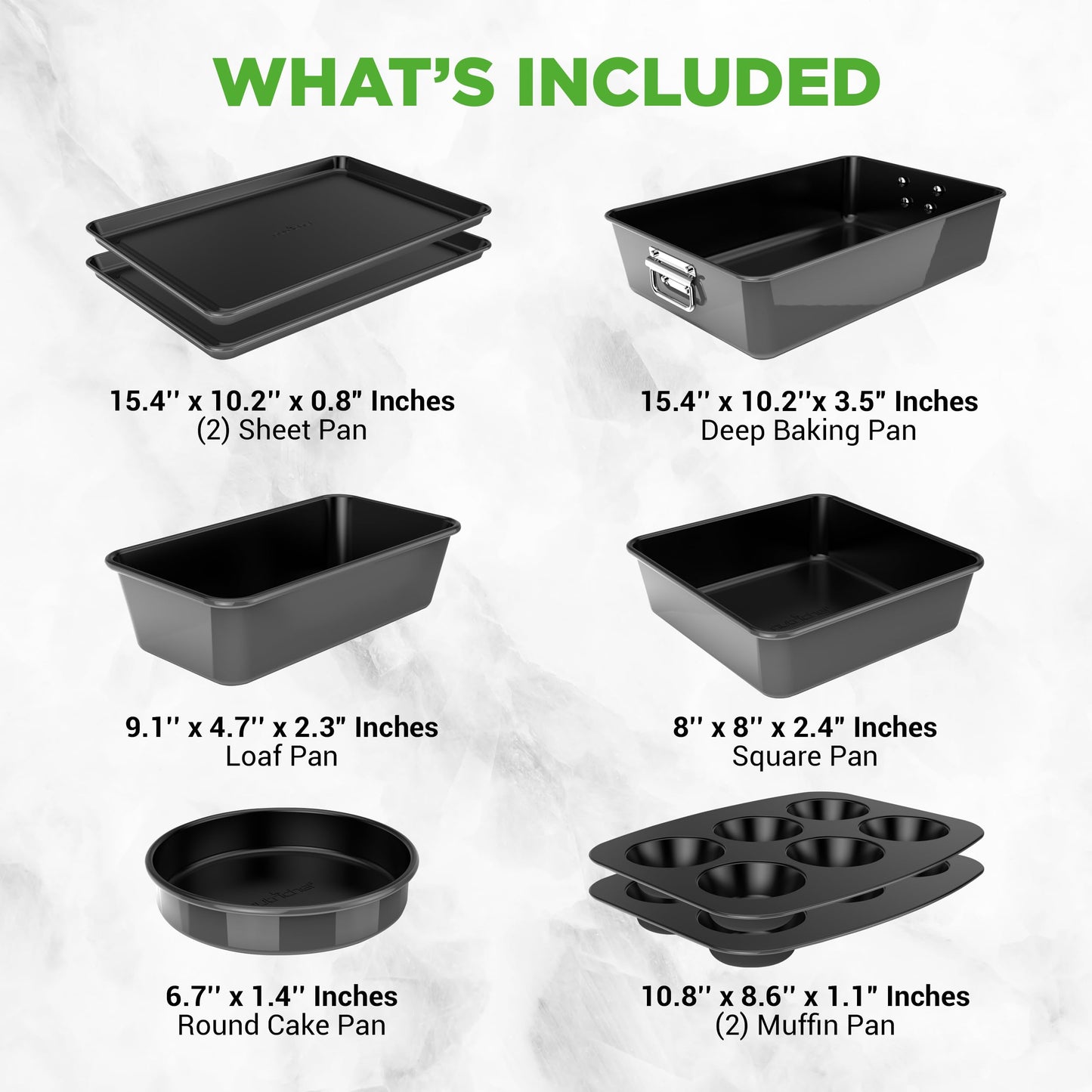 NutriChef 8 Piece Nonstick Bakeware Set | Carbon Steel Baking Pans for Oven | Includes Sheet Pan, Muffin, Loaf, Round and Square Cake Pan | Dishwasher Safe, Stackable Design Oven Safe up to 446°F