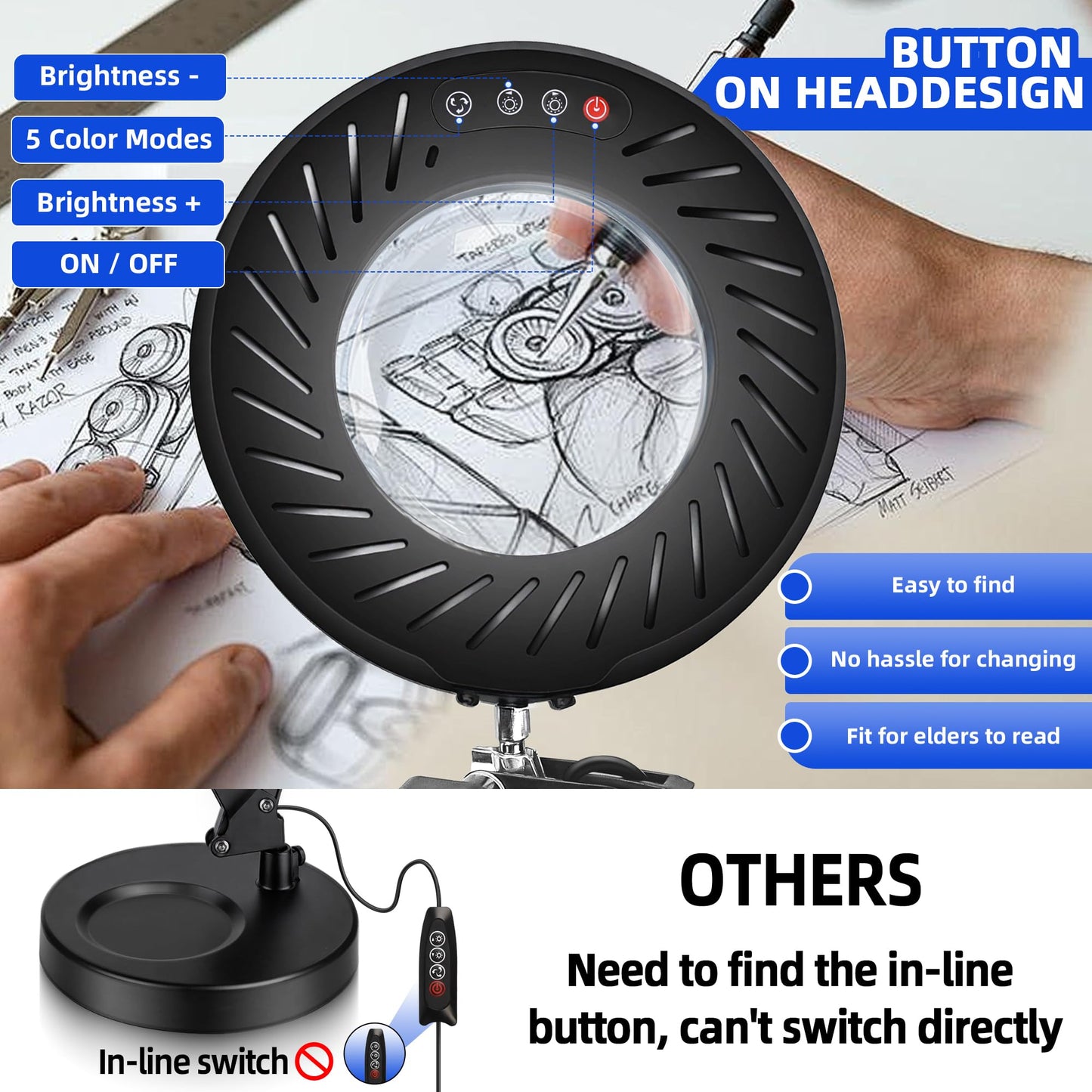 Akynite 12X Magnifying Glass with Light and Stand, 144 LED Real Glass Magnifying Desk Lamp with Base and Clamp, 5 Color Modes 9-Level Dimmable Lighted Magnifier Hands Free for Crafts Sewing Close Work