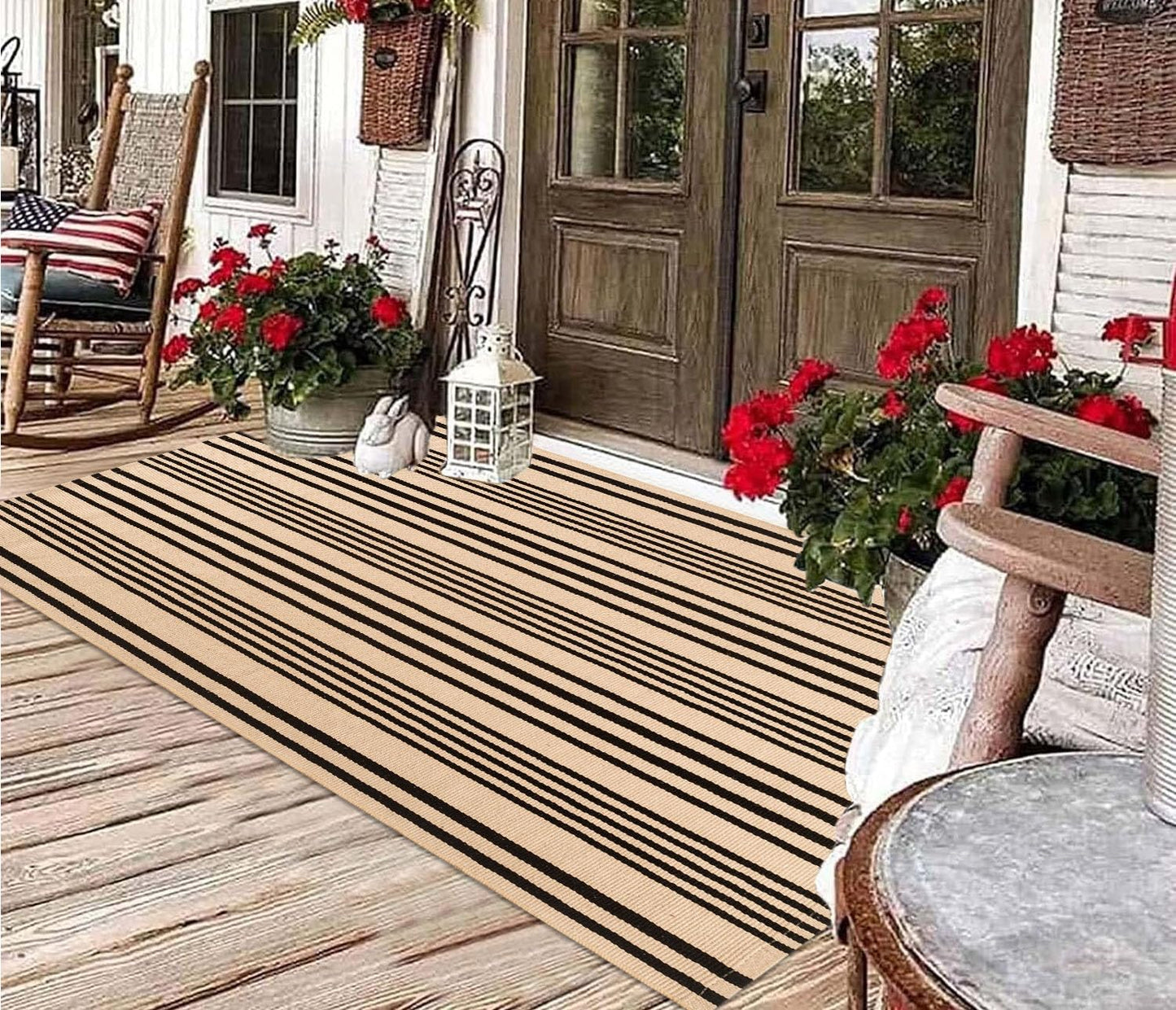 BUAGETUP Outdoor Rug 3'x 5',Tan Striped Washable Area Rug Hand-Woven Cotton Rug Indoor/Outdoor Area Rug Floor Mat for Farmhouse Living Room Bedroom