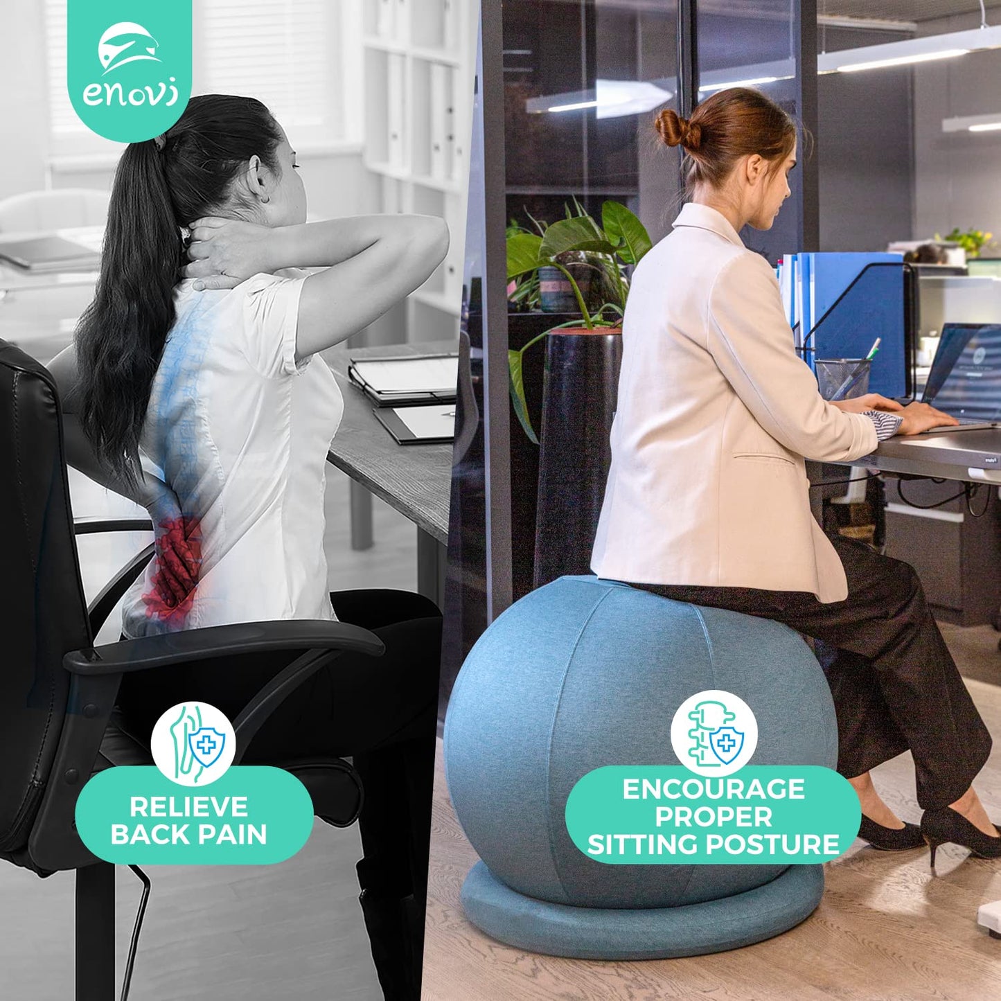 ENOVI ProBalanceΩ Yoga Ball Chair, Exercise Ball with Slipcover and Base for Office and Home, Birthing and Pregnancy, 55cm, FG