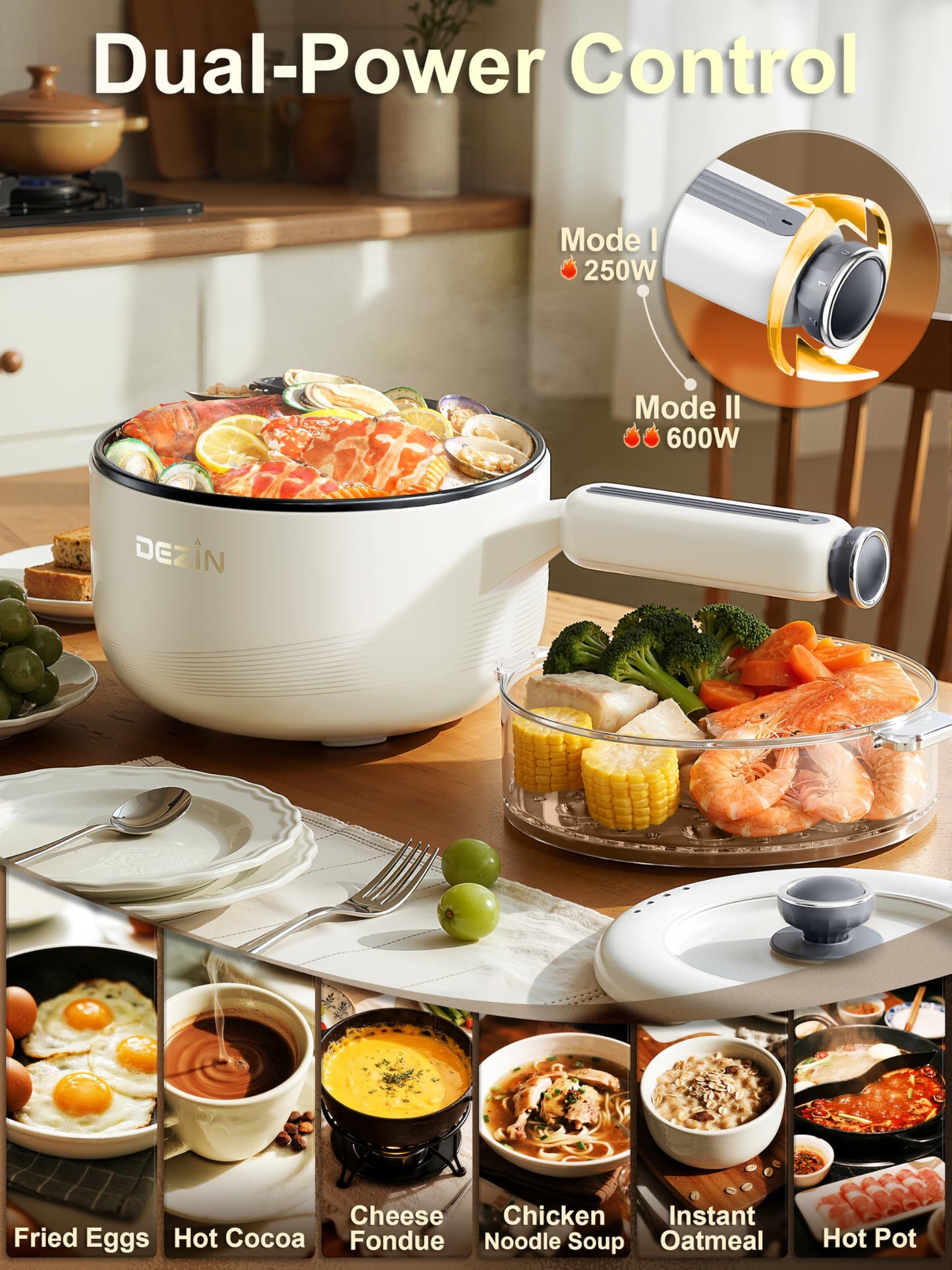 Dezin Electric pot with Steamer, 2L Non-Stick Sauté Pan, 5-in-1 Multifunctional Hot Pot Electric for Steak, Fried Rice, Oatmeal, Soup, Dual Power Control, Portable Pot for Dorm, Office & Small Kitchen