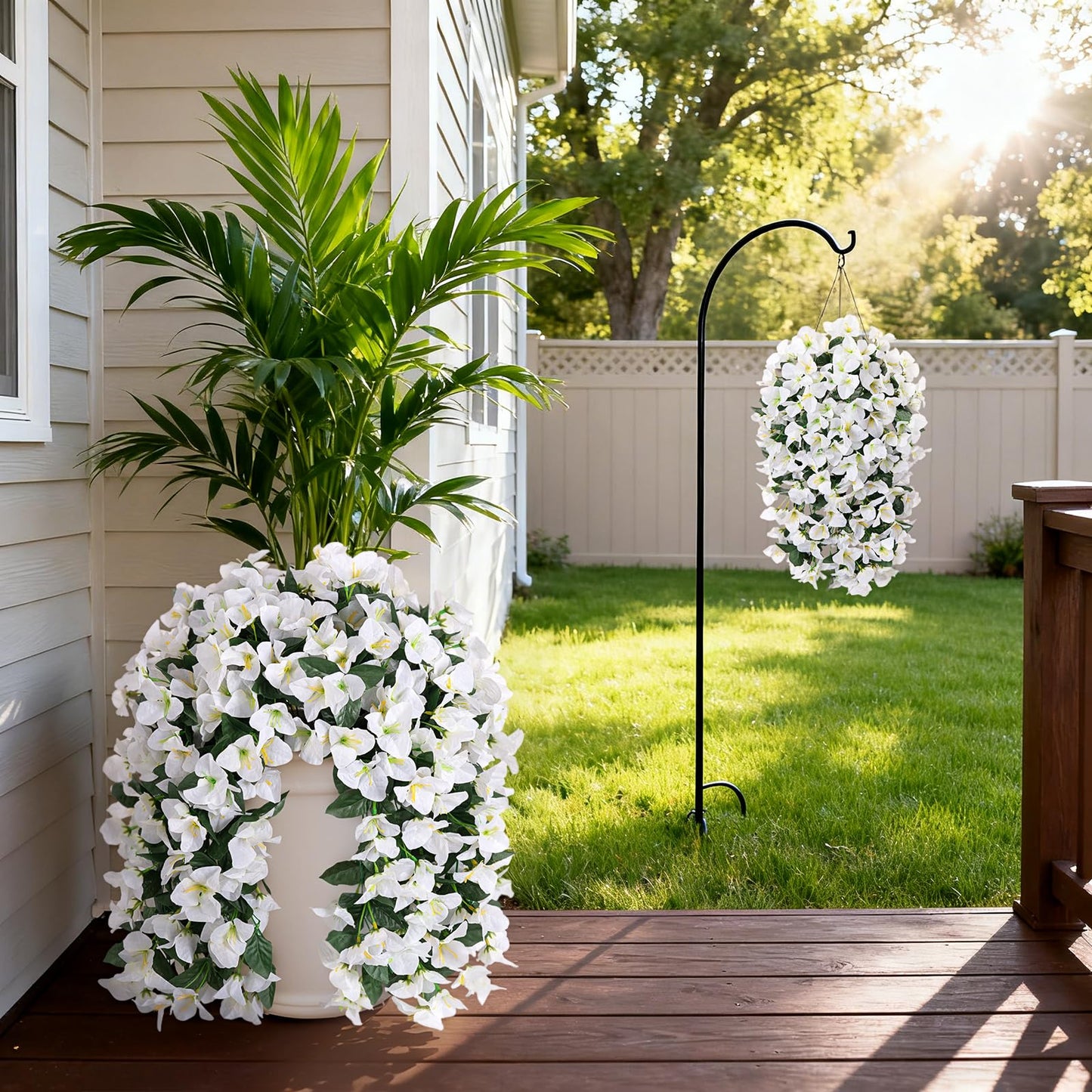 INXUGAO 2 pcs Artificial Faux Bougainvillea Flowers Plants for Outdoor Outside Summer Decoration, Fake Silk UV Resistant Long Trailing Vines for Front Door Porch Planter Balcony (White)