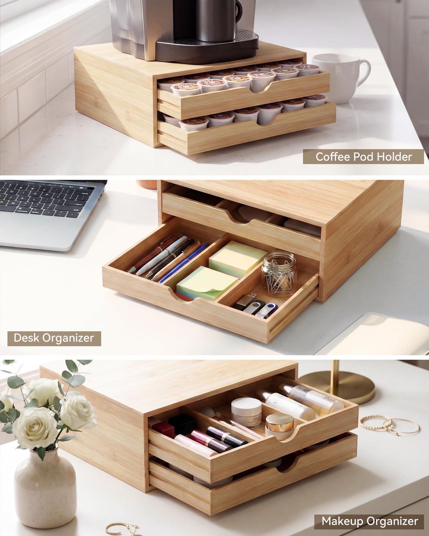 WELL WENG Bamboo Coffee Pod Drawer Organizer Compatible with K-Cups, Under Cabinet Coffee Station Storage Rack, Natural Wood Capsule Holder for 72 Pods, Countertop Coffee Machine Stand