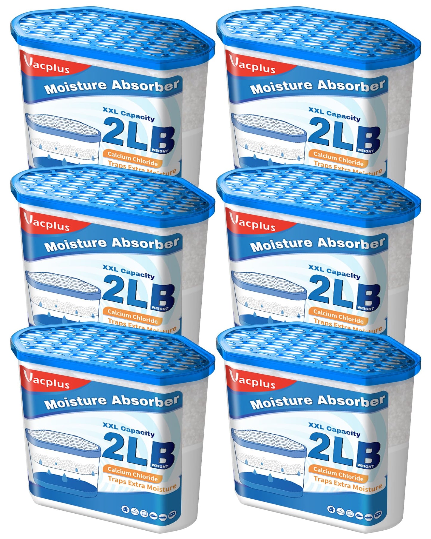 Vacplus Moisture Absorber Buckets – Large Capacity Dehumidifier and Humidity Absorber for Closet, Basement, Bathroom, RV, and Storage Areas, Unscented, 2 lbs, 6 Pack