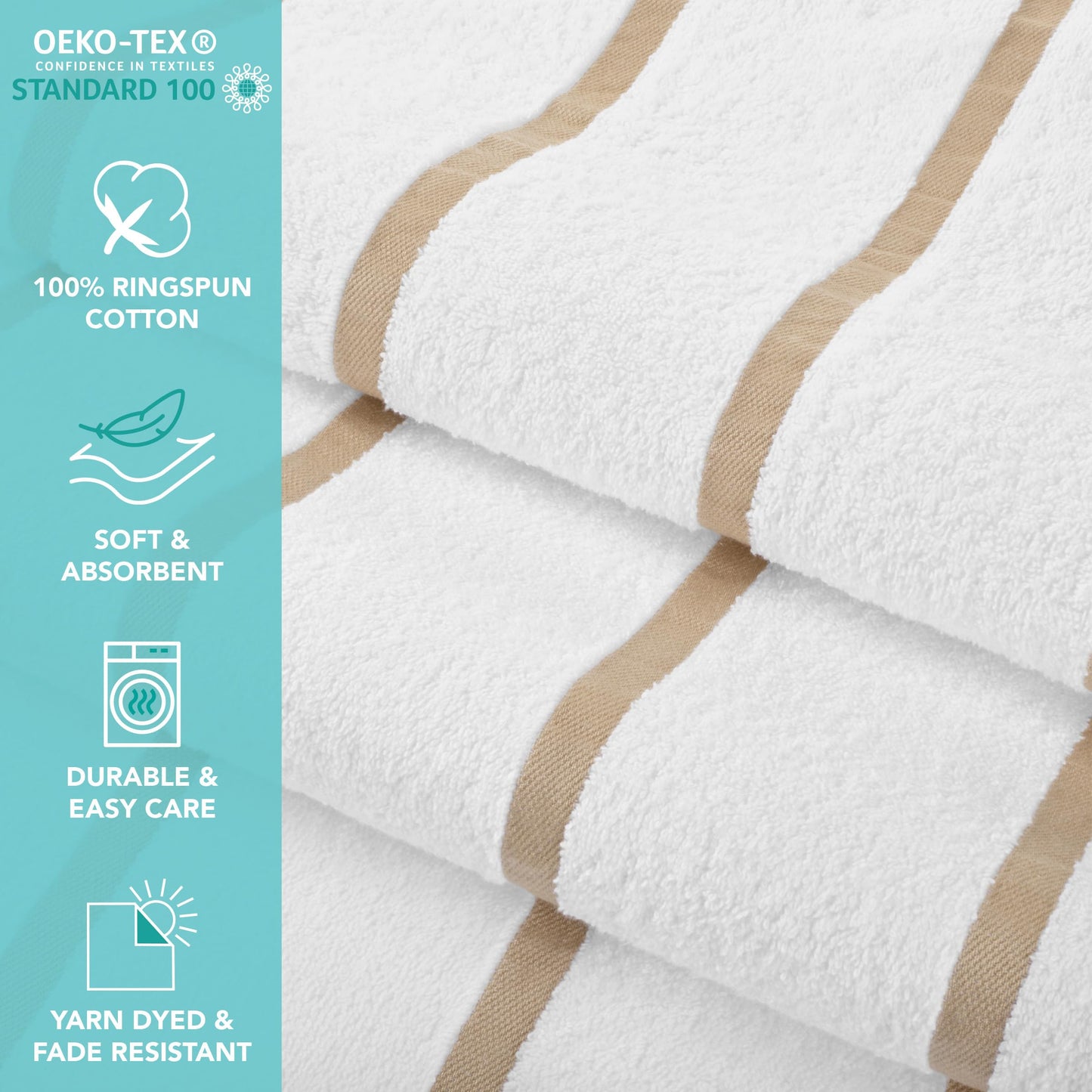 Arkwright Las Rayas Striped Beach Towel - Pack of 4 - Soft Plush Quick Dry White Cotton Terry Towels Set for Pool, Swim, and Hot Tub, 480 GSM Thick & Absorbent, 30 x 60 in, Beige