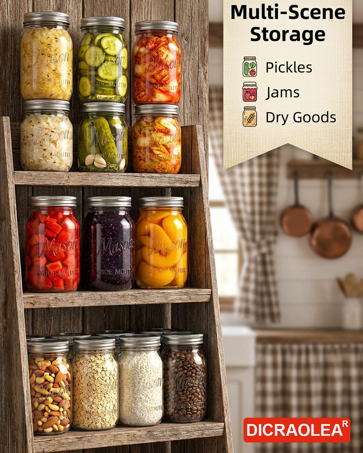 DicraoLea 12 Pack 32 OZ Glass Food Storage Jars with Separable Airtight Lids, Wide Mouth Mason Jars for Pickling, Fermentation, Canning, Microwave & Dishwasher Safe