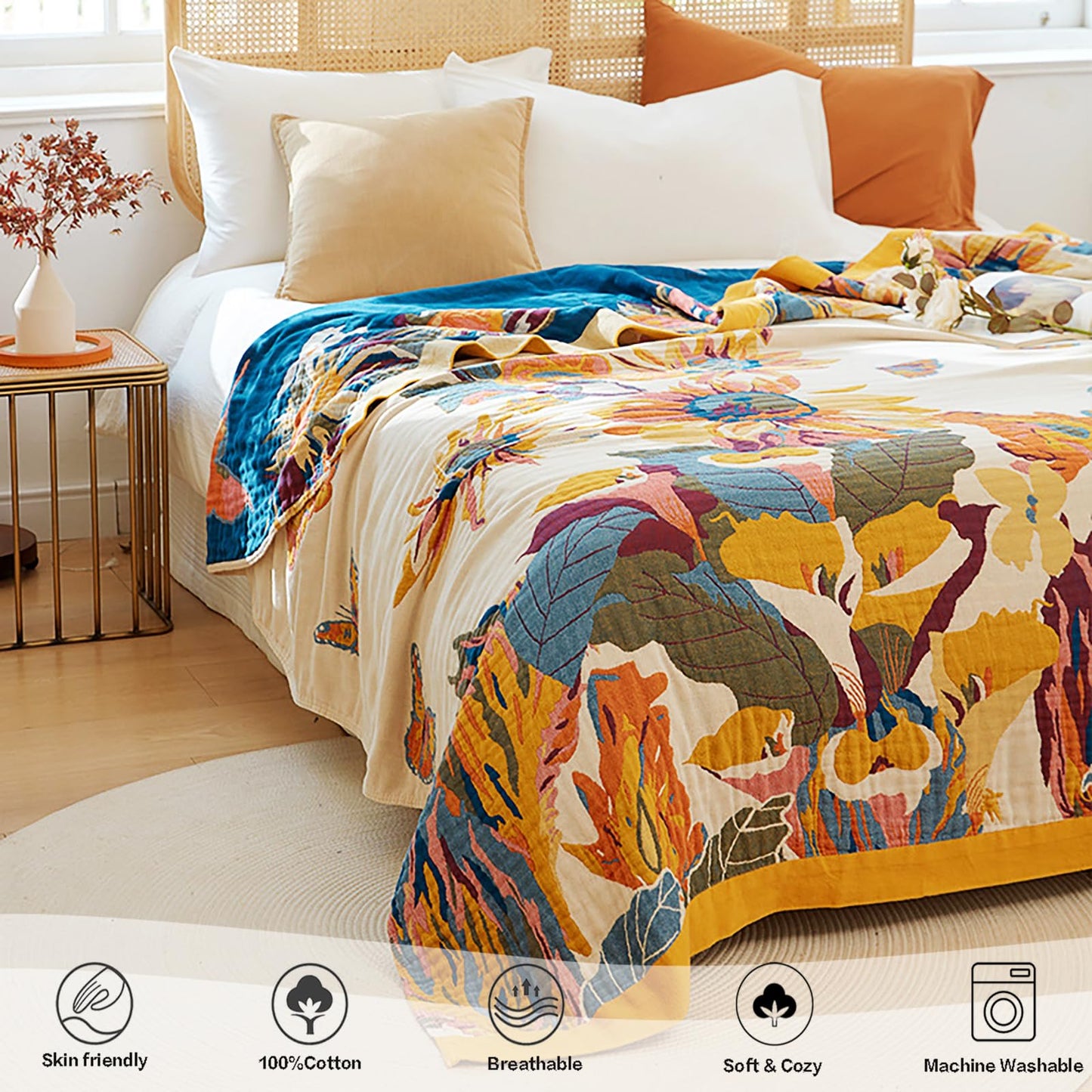 VANJOROY Boho Throw Blanket 60" x 80", 100% Organic Cotton Skin-Friendly Lightweight Ultra Soft Bed Quilt Throw - Summer Floral Butterfly Farmhouse Decor Blanket for Sofa Couch Chair and Gift.