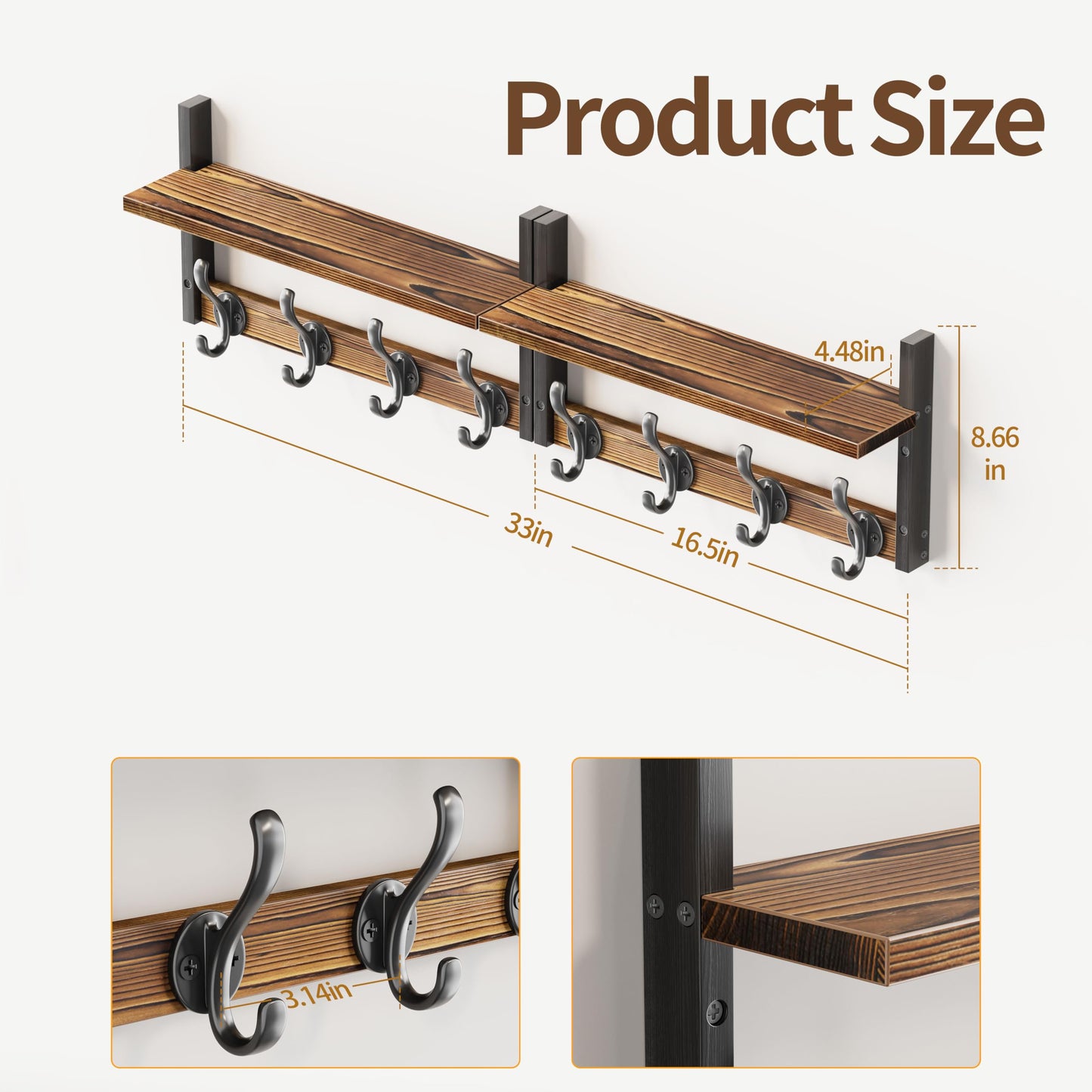 Segtenant 33 inch Coat Rack Wall Mount with Shelf, Entryway Wall Hooks with Shelf, Heavy Duty Coat Hanger Wall Mount for Living Room, Bedroom, Rustic Brown & Black