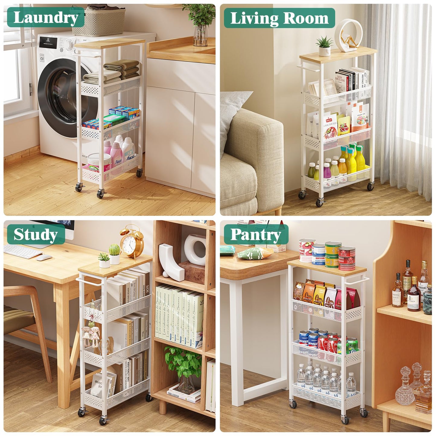 Giwil Slim Rolling Storage Cart 4 Tier Bathroom Organizer Mobile Shelving Unit Utility Cart with Wood Top and Handle for Kitchen Laundry Narrow Places, White