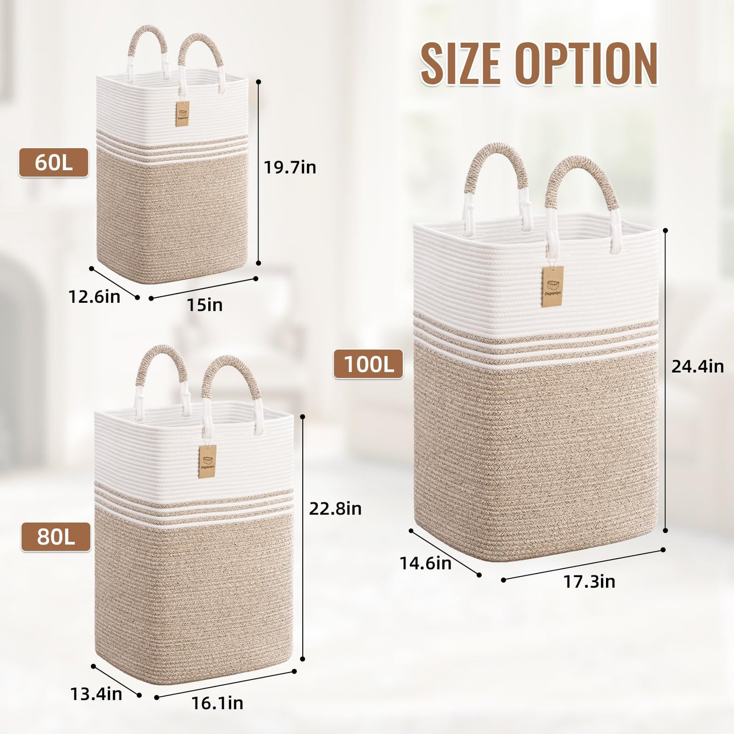 Laundry Basket Hamper,Blanket Storage,Dirty Clothes Hamper with Swivel Handles,Woven Cotton Rope Toy Baskets,Blanket Basket Living Room,Decorative Hampers for Nursery,Bedroom,White & Linen,100L