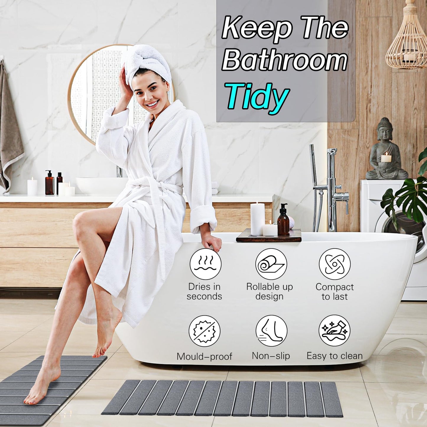 Setguopal 2 Pack Foldable Stone Bath Mats, Gray Super Absorbent Diatomaceous Earth Bath Rug, Non-Slip Shower Mat, Quick-Drying Bath Rug and Drying Mat for Tub and Shower