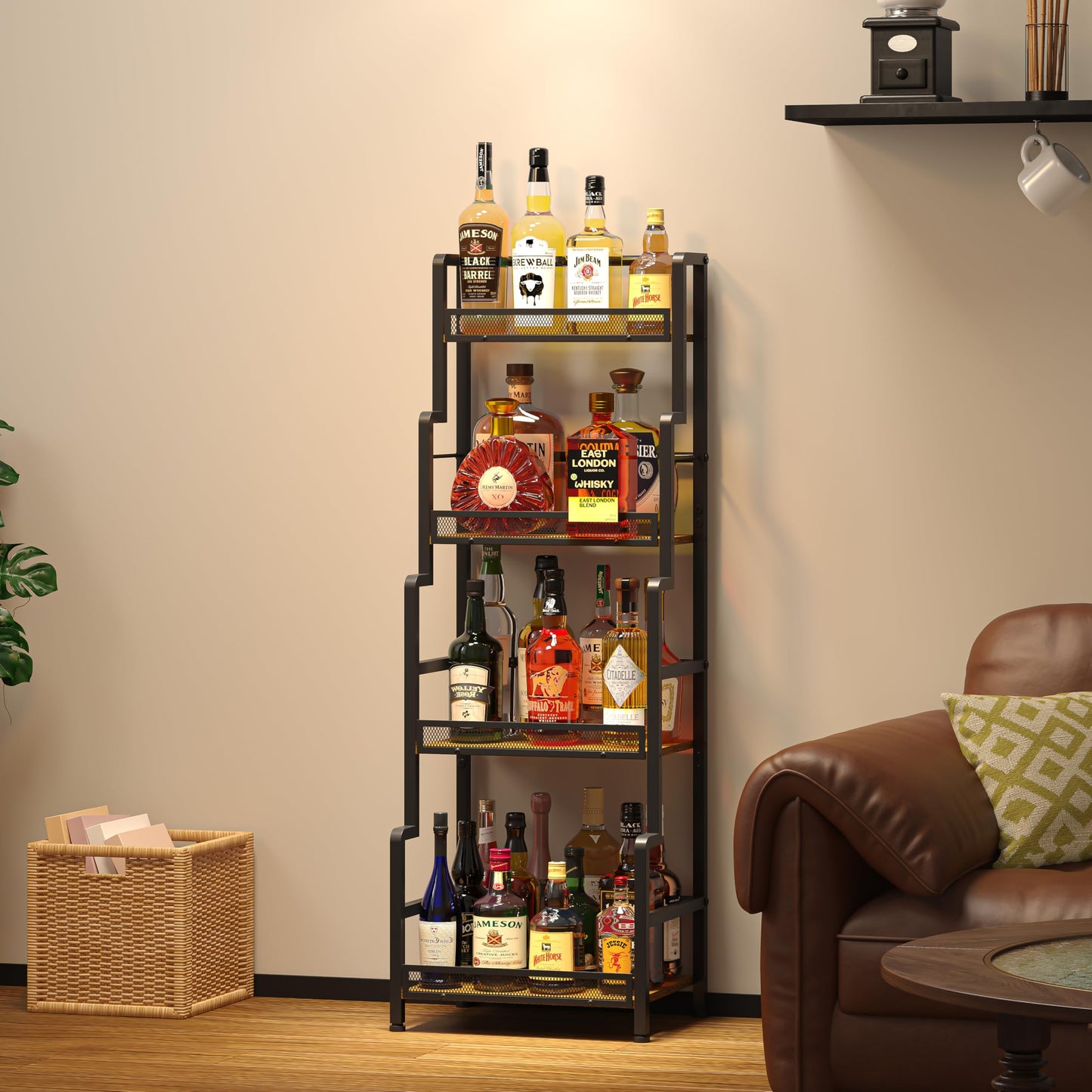Hayexiha 4-Tier Stepped Freestanding Wine Rack, Large Capacity Liquor Cabinet with Anti-Fall Guardrails and Rounded Corners, Bottle Display Shelf & Mini Bar for Living Room, Home Bar, Kitchen Corner