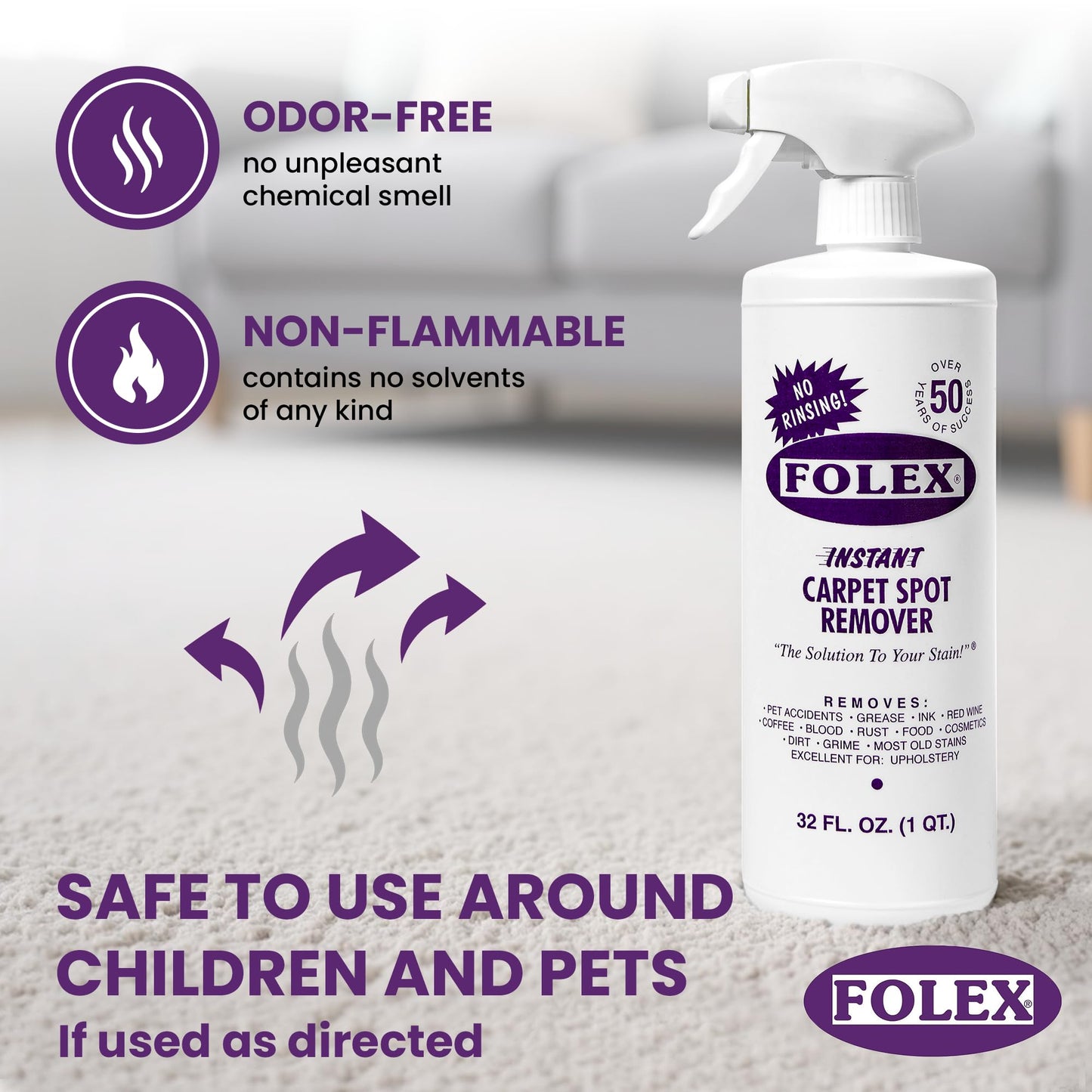 FOLEX Instant Carpet Spot Remover 128 oz - Powerful Stain Remover for Carpets, Upholstery & Rugs - Eliminates Pet Stains, Grease, Red Wine, Food, Makeup & More - With Reusable Cleaning Cloth - 1 Pack