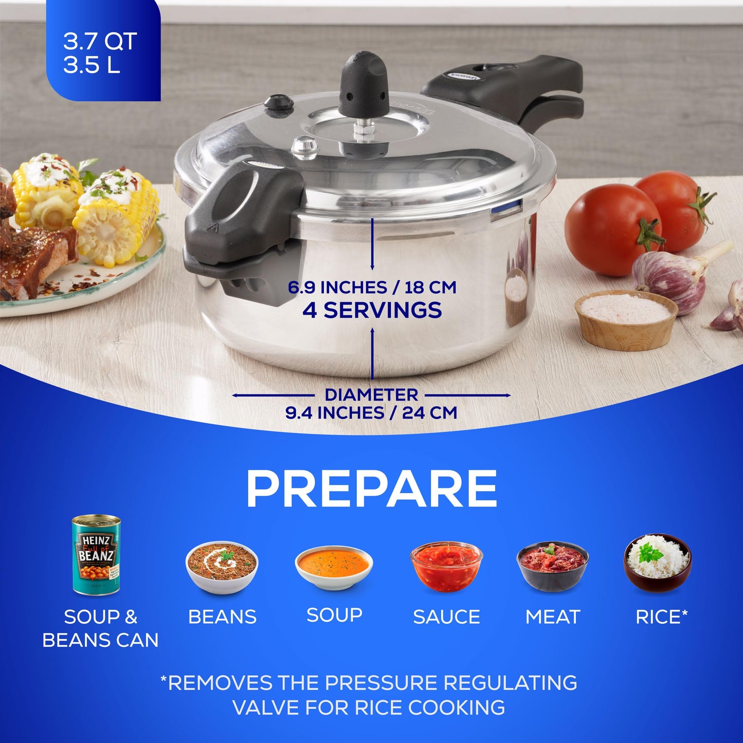 Universal (3.7 Quart / 3 Liter) Ultra Pressure Cooker, Pressure Pot with 6 Safety Systems, Aluminum Pressure Cooker for 4 Servings, Even Heat Distribution, Diameter 9.4 inches, Height 7 inches