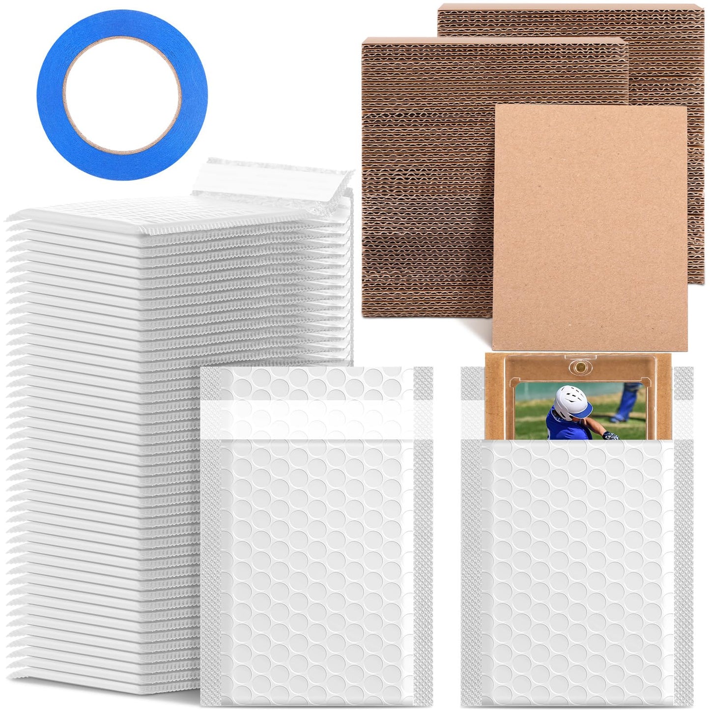 Tatuo 301 Pcs Trading Card Shipping Protector Set Include 200 Corrugated Cardboard Sheets Inserts 100 Poly Bubble Mailers Padded Envelopes and Masking Tape(White)