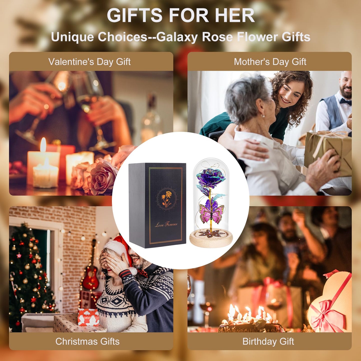 Beferr Birthday Gifts for Women Galaxy Glass Rose Forever Preserved Flowers for Delivery Light Up Rose in Glass Dome Mothers Day Butterfly Gifts for Mom Wife Grandma Her Daughter Girlfriend