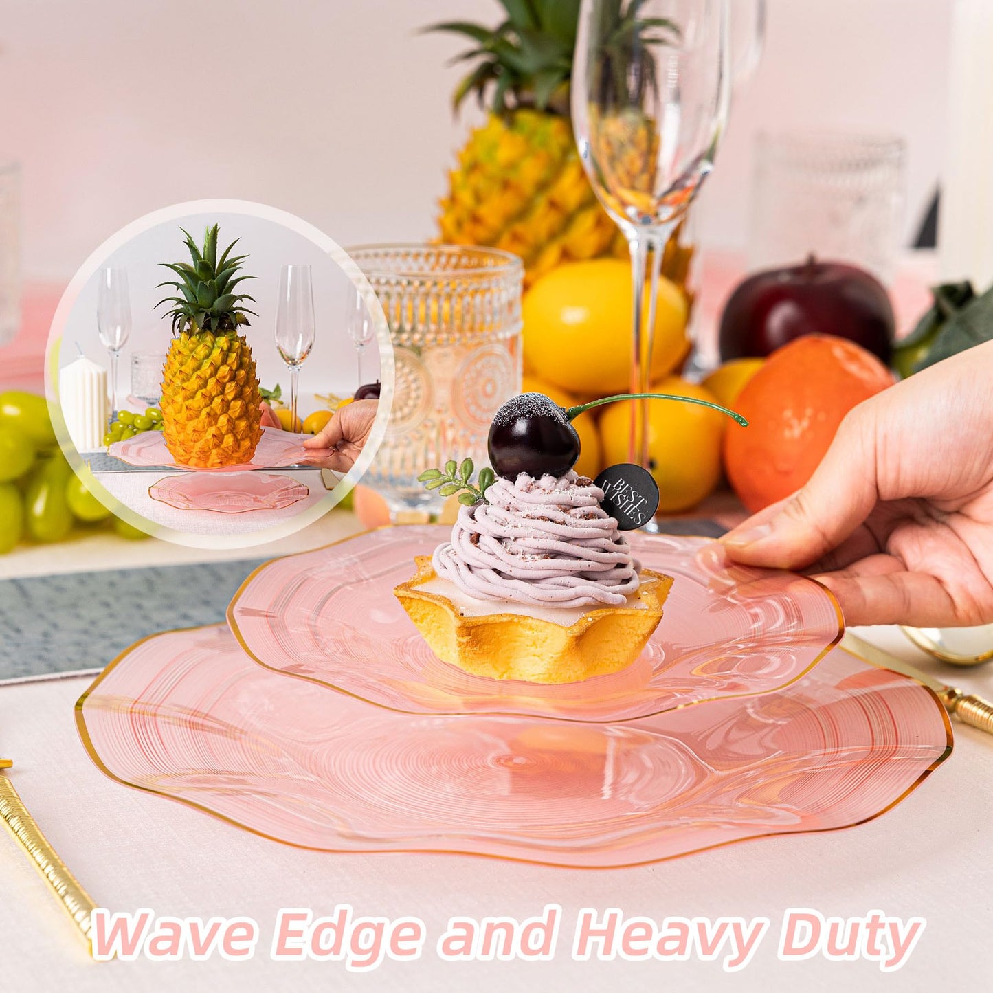 Pryntono 120PCS Pink Plastic Plates with Gold Rim, Heavy Duty Disposable Plates, Elegant and Fancy 60 Dinner and 60 Dessert Plates for Party and Wedding