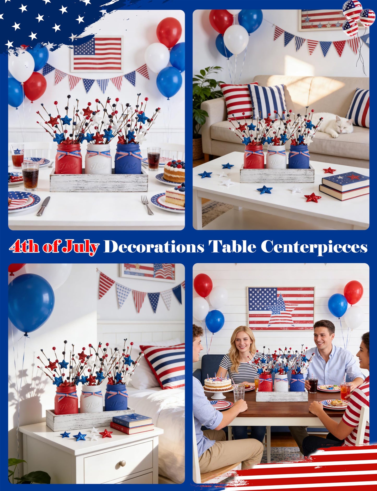 KIVIVO 4th of July Table Decorations, Mason Jar Memorial Day Decor with Artificial Picks, Fourth of July Patriotic Table Centerpieces, 10 Pcs Red White and Blue Independence Day Decorations for Home