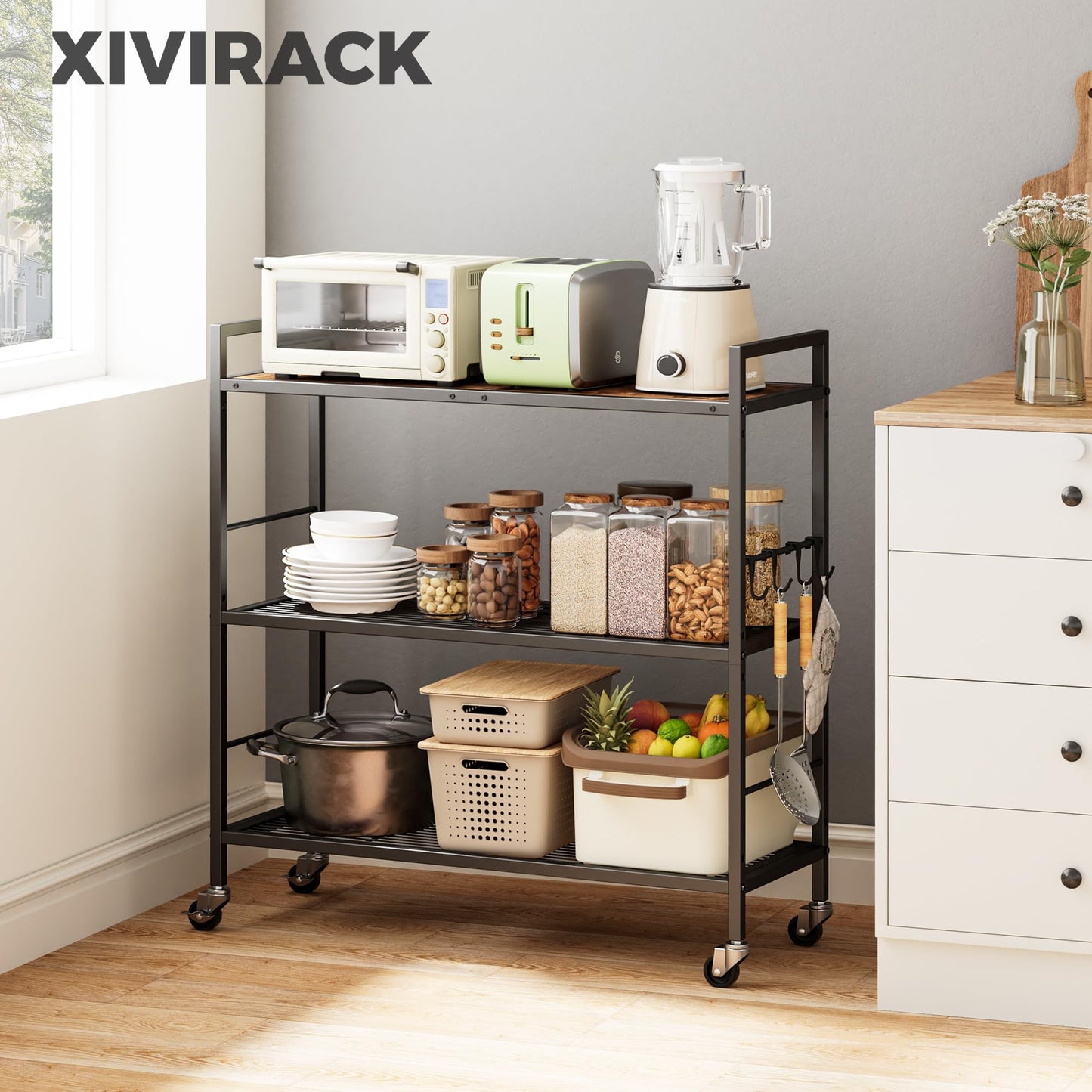 XIVIRACK 3-Tier Metal Storage Rack with Industrial Wheels,Mesh Shelving Unit with Wooden Table top,Adjustable Shelf,31.5-Inch Width, for Kitchen, Laundry,Pantry,Plant,Black