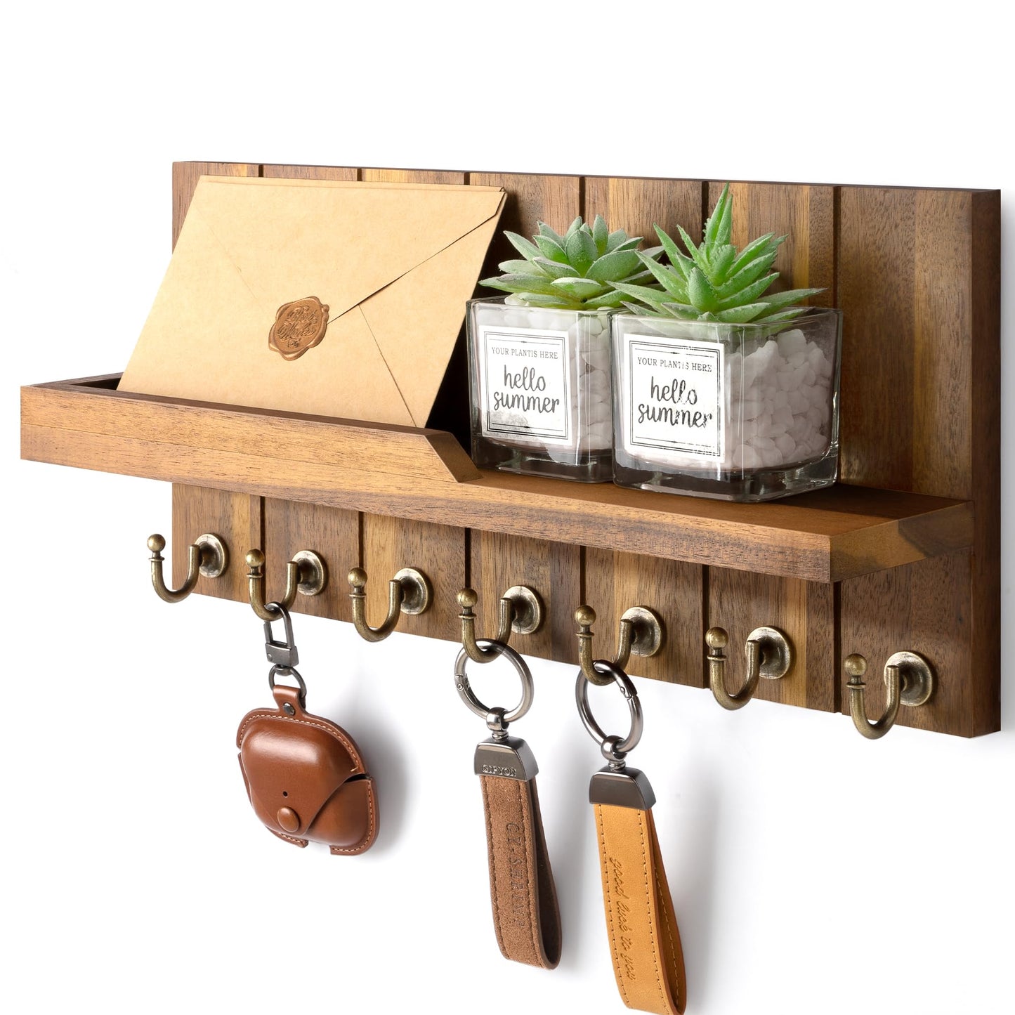 Rebee Vision Acacia Wood Key Holder Wall Mount for Home Decor - Key Holder for Wall with Floating Shelf for Hanging Coats & Hats - to Elevate Farmhouse Decor (Acacia Wood, 3.54''×15''×7.28'')
