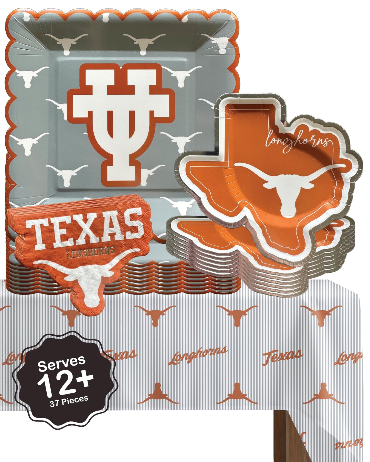 University of Texas Longhorns party supplies with Texas tablecloth plates and napkins (37 piece set) for graduation, football tailgating, and birthday party decorations (Serves 12) (Texas Longhorns)