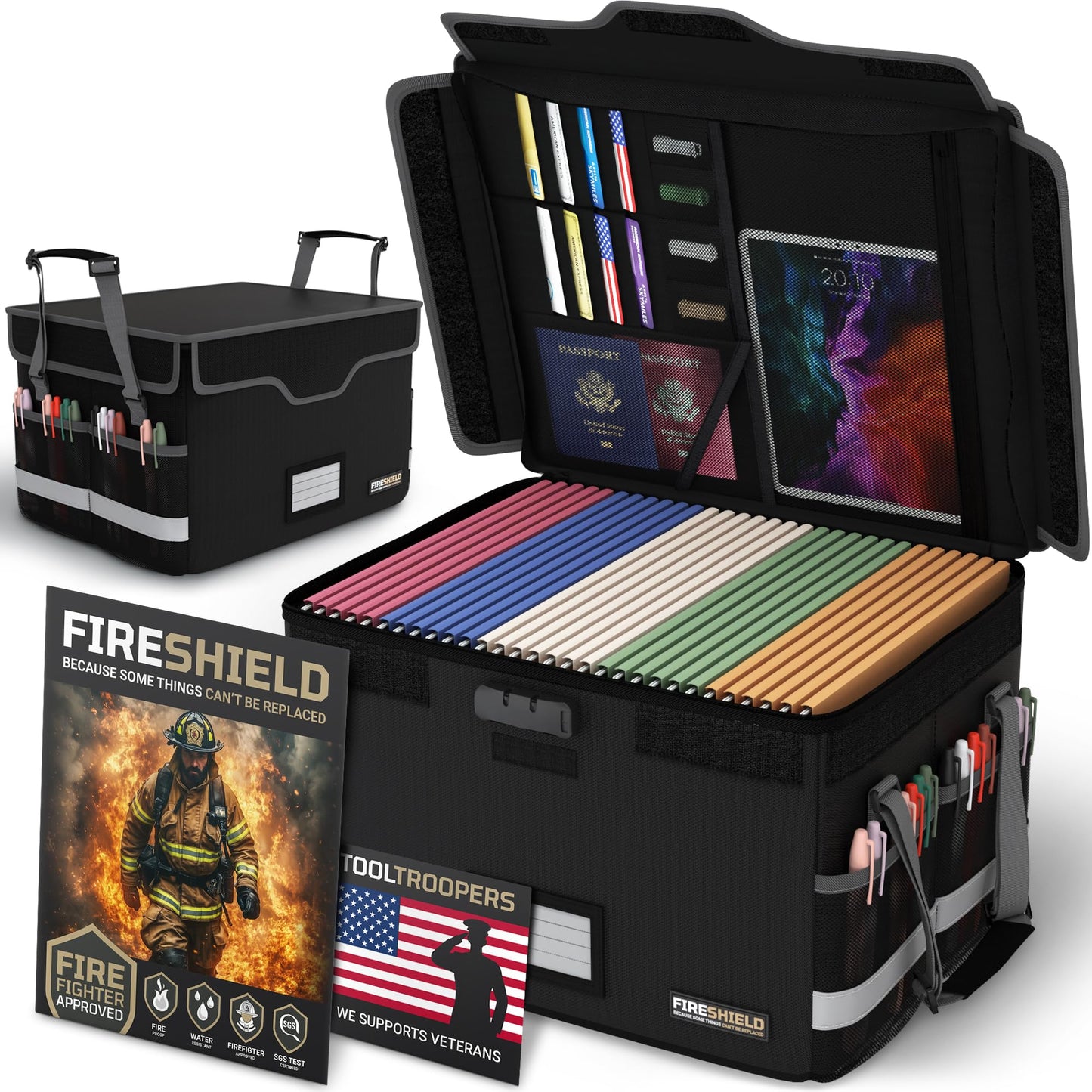 FIRESHIELD PRO 5200°F Fireproof Document Box with Lock – Portable Water Resistant File Organizer for Hanging/Legal Folders – Safe Storage for Home, Office or Travel – Black, Size: 16.1" x 12.9" x 11"