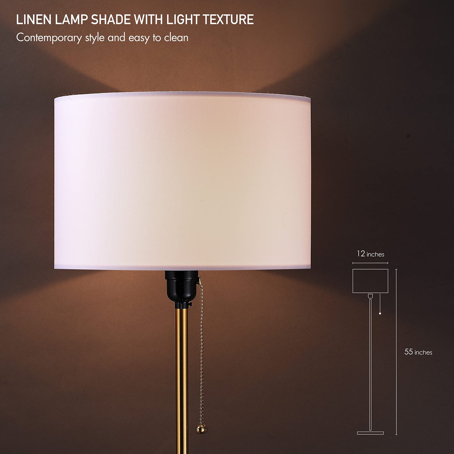 O’Bright Ted - Drum Shade Standing Lamp, Pull Chain Switch, E26 Socket, Modern Minimalist Design, Simple Floor Lamp for Living Room, Bedroom, Office, Antique Brass