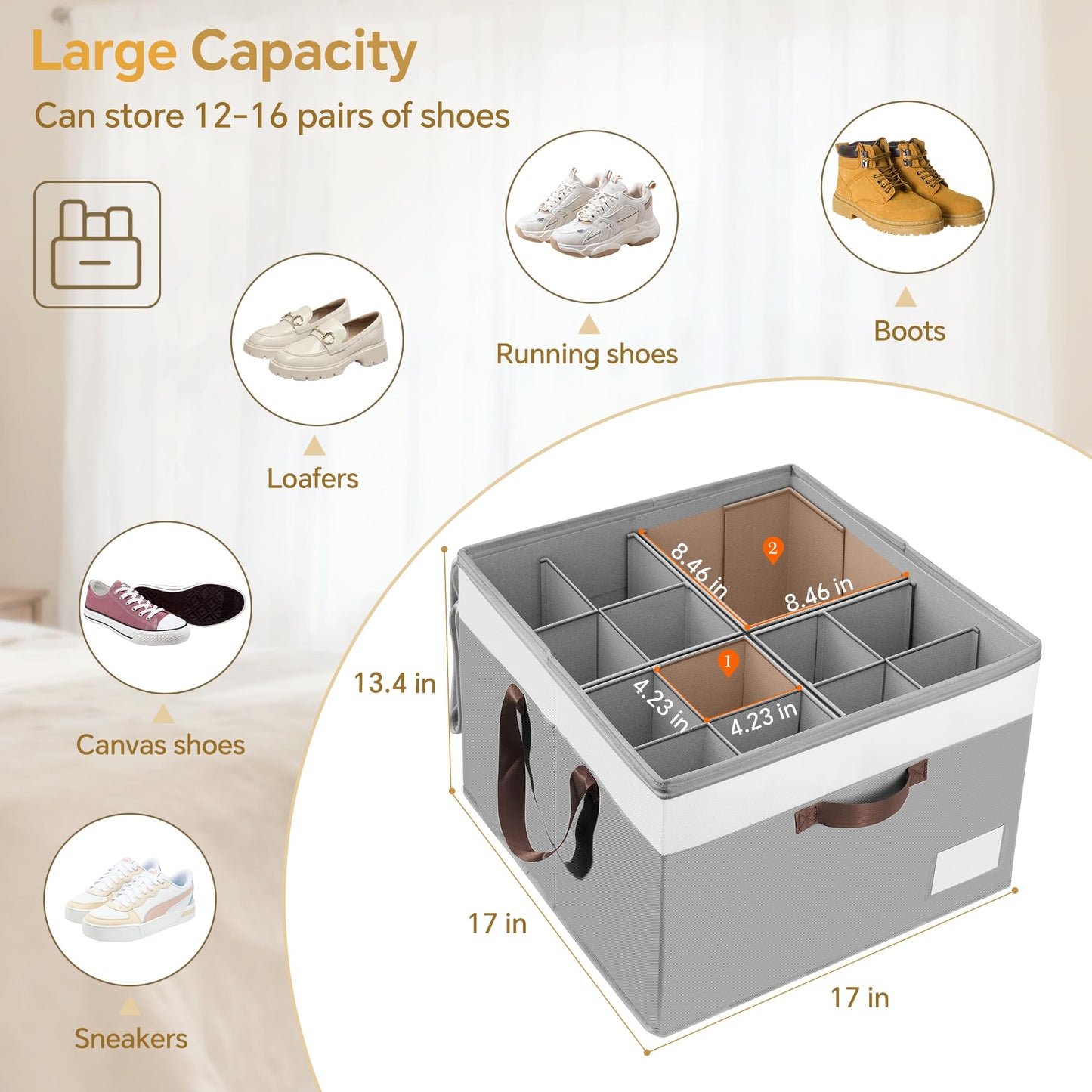 Criusia Shoe Organizer for Closet, 2 Pack Foldable Shoe Storage Organizer Box Bin with Adjustable Dividers and Clear Cover, Closet Shoe Storage for Sneakers Sandals Boots, Fit 16-32 Pairs, Gray