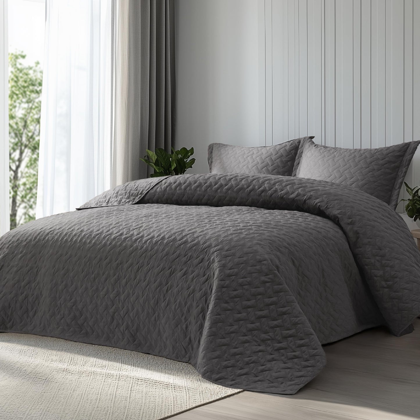Bedsure Quilts King Size - Grey Bedspreads King Size with Basket Weave Pattern, Soft Quilt Bedding Set, Lightweight Comforter Set Coverlet for All Seasons with 2 Pillow Shams (106" x 96")