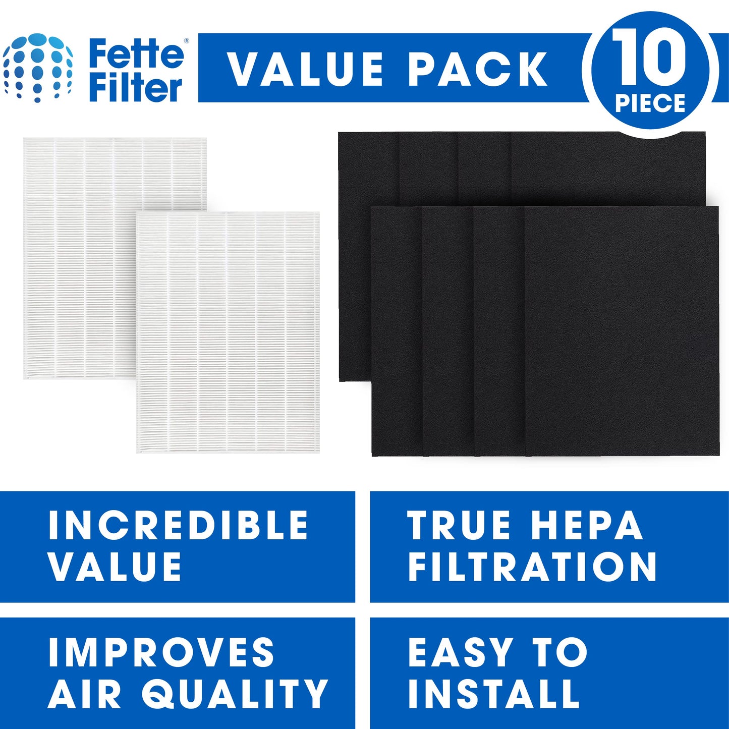 Fette Filter - 2 Filter + 8 Carbon Filter 115115 Premium HEPA H13 Filter Compatible with Winix Filter A 115115 Size 21 Plasma Wave Air Purifier AM90 P300 5300 5500 5300-2 6300-2 6300 C909 9800 C535.