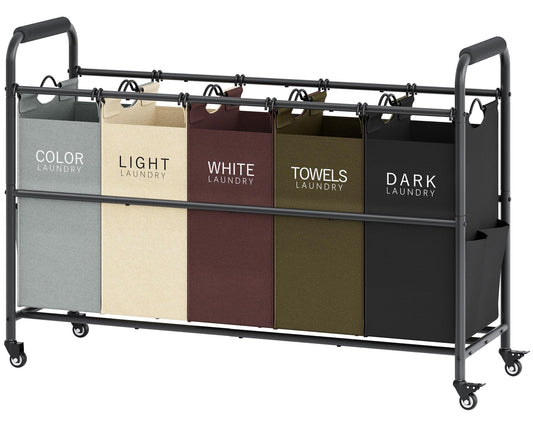 Tajsoon 5 Bag Laundry Sorter Cart, Laundry Hamper Sorter Basket with Heavy Duty Lockable Rolling Wheels for Clothes Storage, 5 Colors