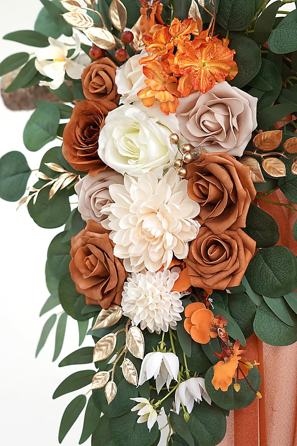 Olalaka Burnt Orange Artificial Wedding Arch Flowers Kit (Pack of 3) with 26Ft Terracotta Shiny Arch Draping Fabric for DIY Wedding Party Ceremony Reception Backdrop Floral Decoration