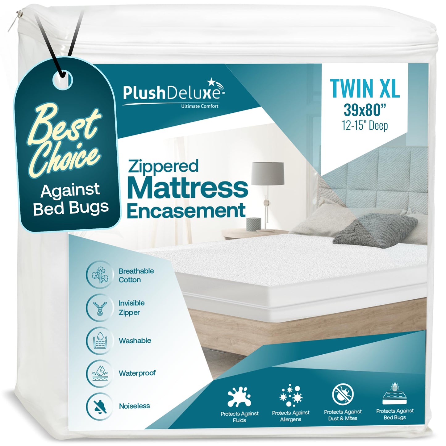 Twin-XL 39X80 Size Mattress Encasement - Zippered Waterproof, Bedbug Proof, College Dorm Size, 6-Sided Protection - Hypoallergenic Cotton Terry Fabric 12-15" Depth