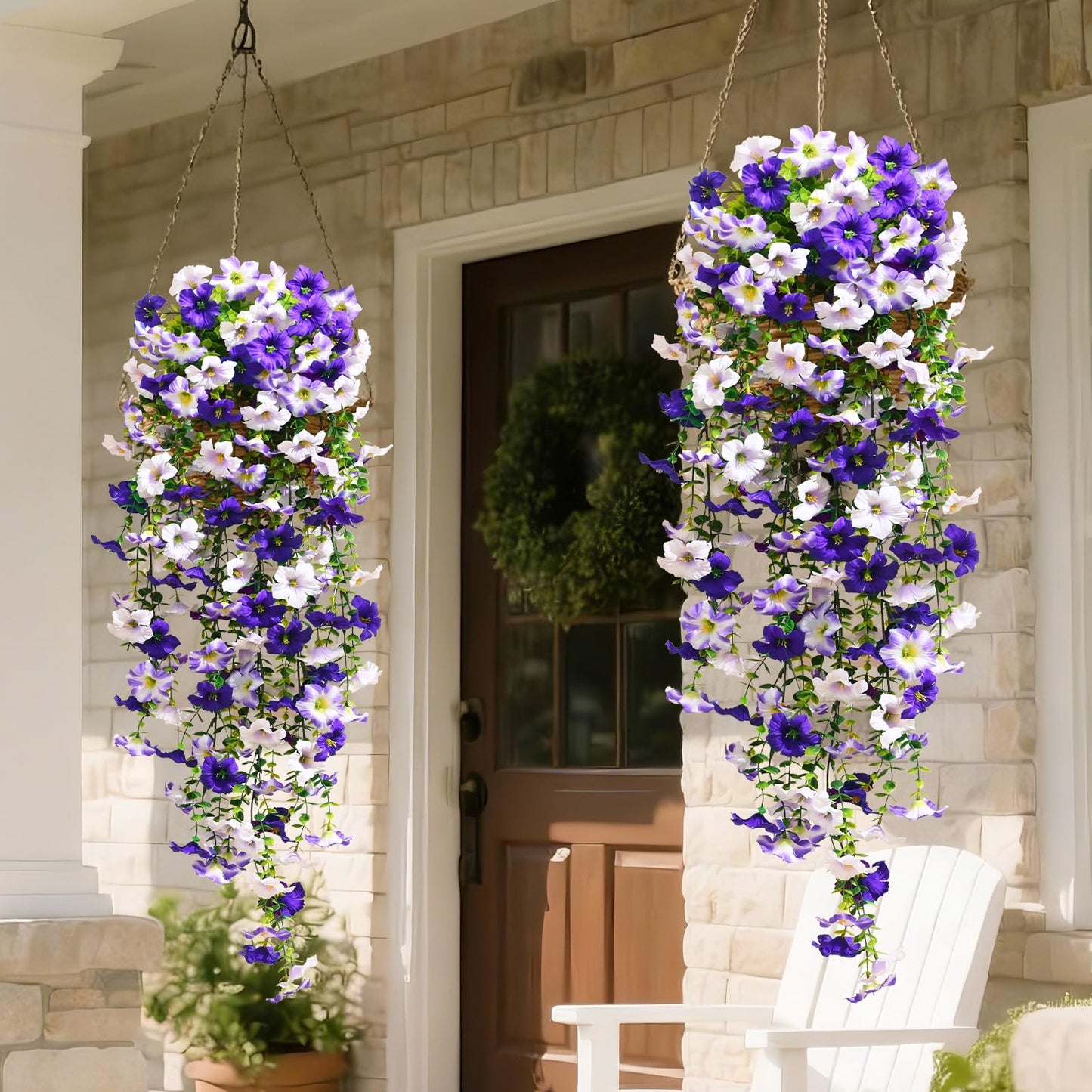 Waipfaru Artificial Petunias Flowers for Outdoors, 2 Pcs UV Resistant Fake Hanging Plants Spring Outside Decor, Faux Silk Flowers Long Trailing Vines for Outdoor Planters Porch Garden (Purple White)